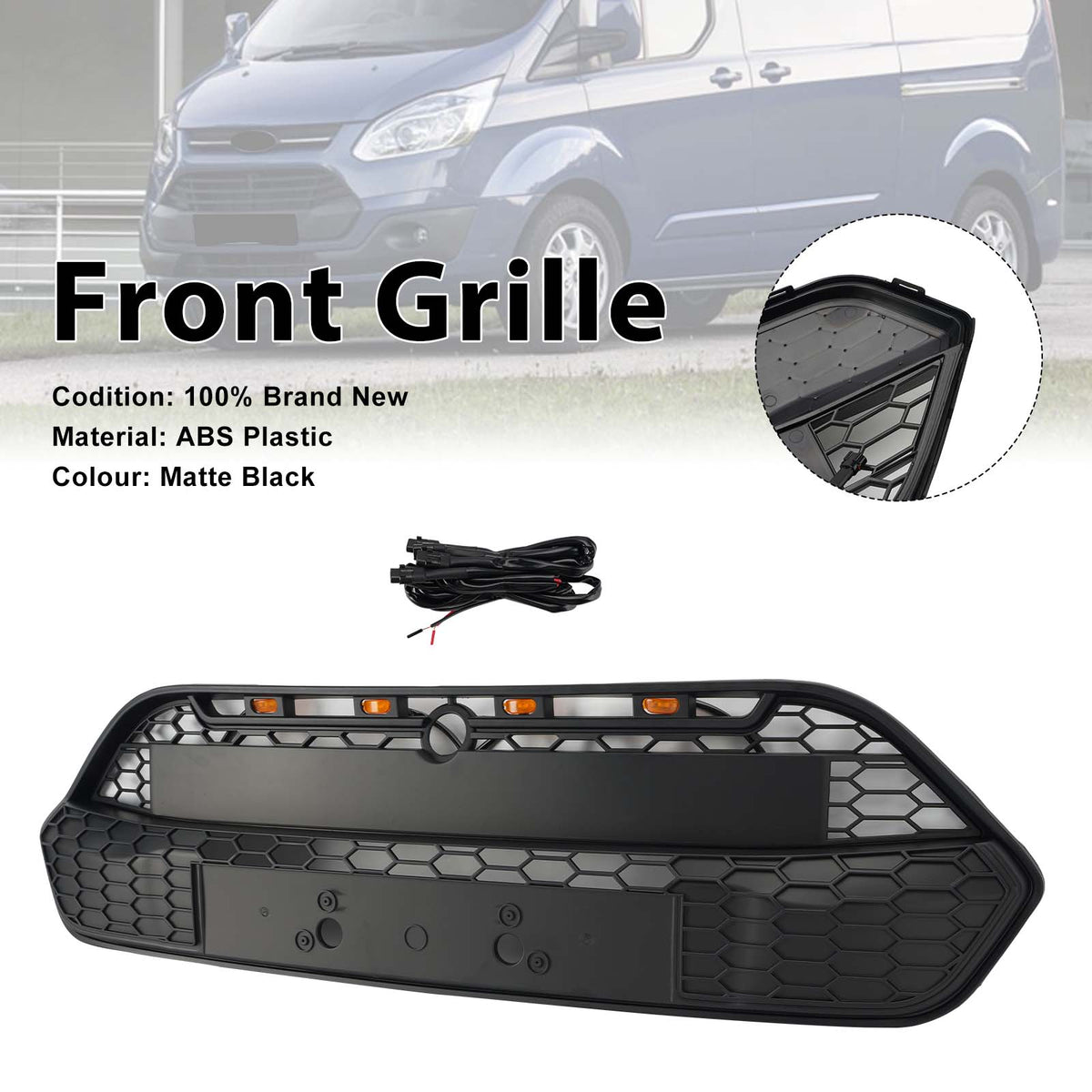 Matte Black Front Bumper Grille Grill Pour Ford Transit Custom 2013-2017 W/LED
