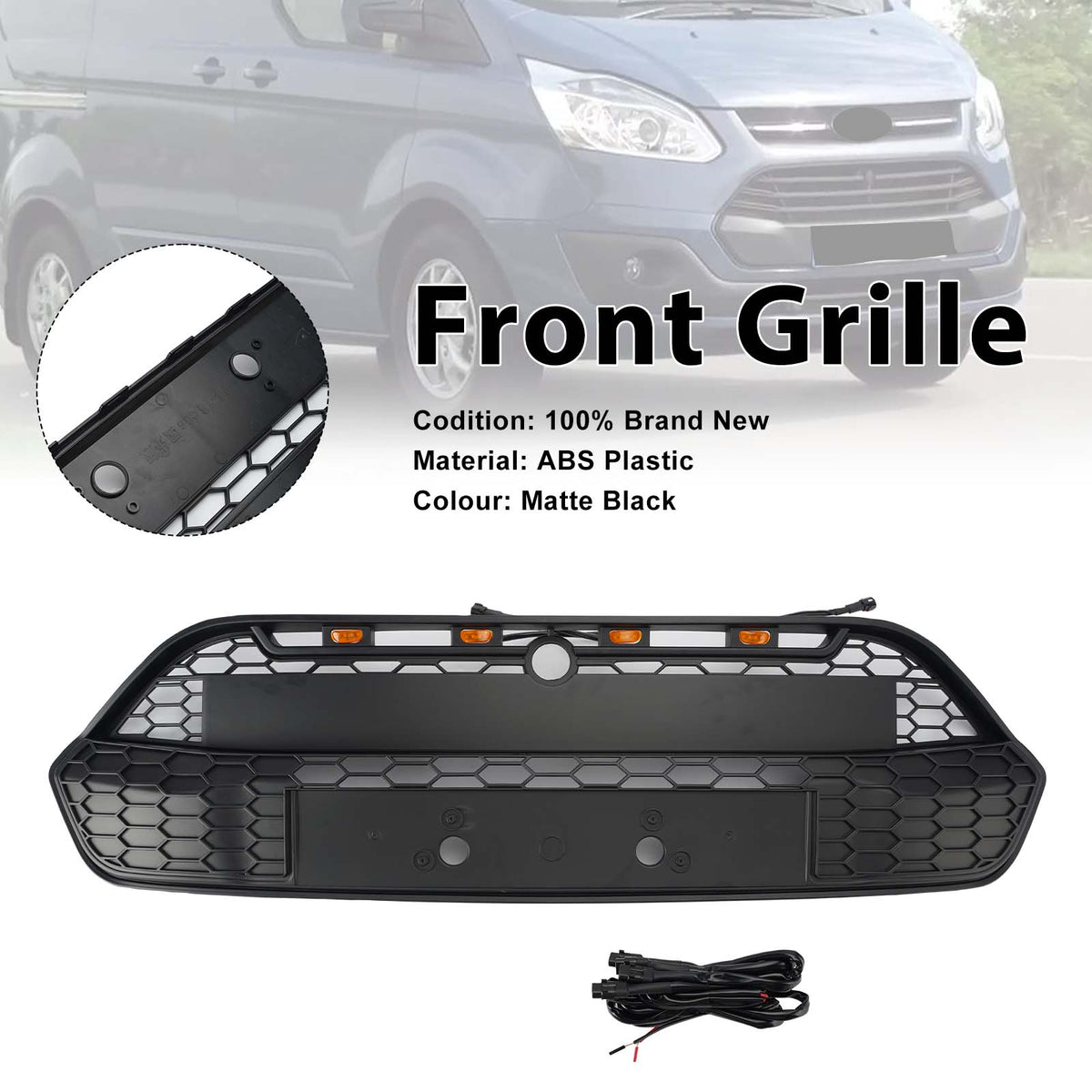 Matte Black Front Bumper Grille Grill Pour Ford Transit Custom 2013-2017 W/LED