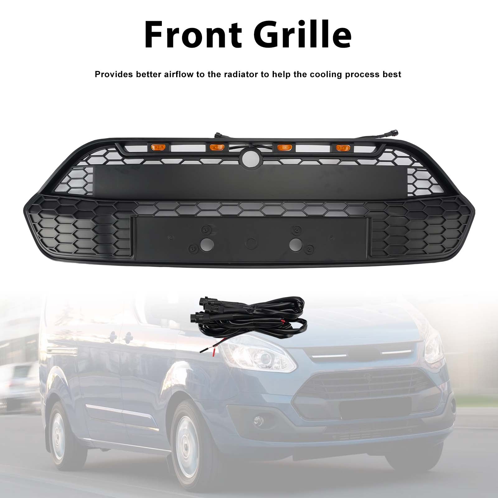 Matte Black Front Bumper Grille Grill Pour Ford Transit Custom 2013-2017 W/LED