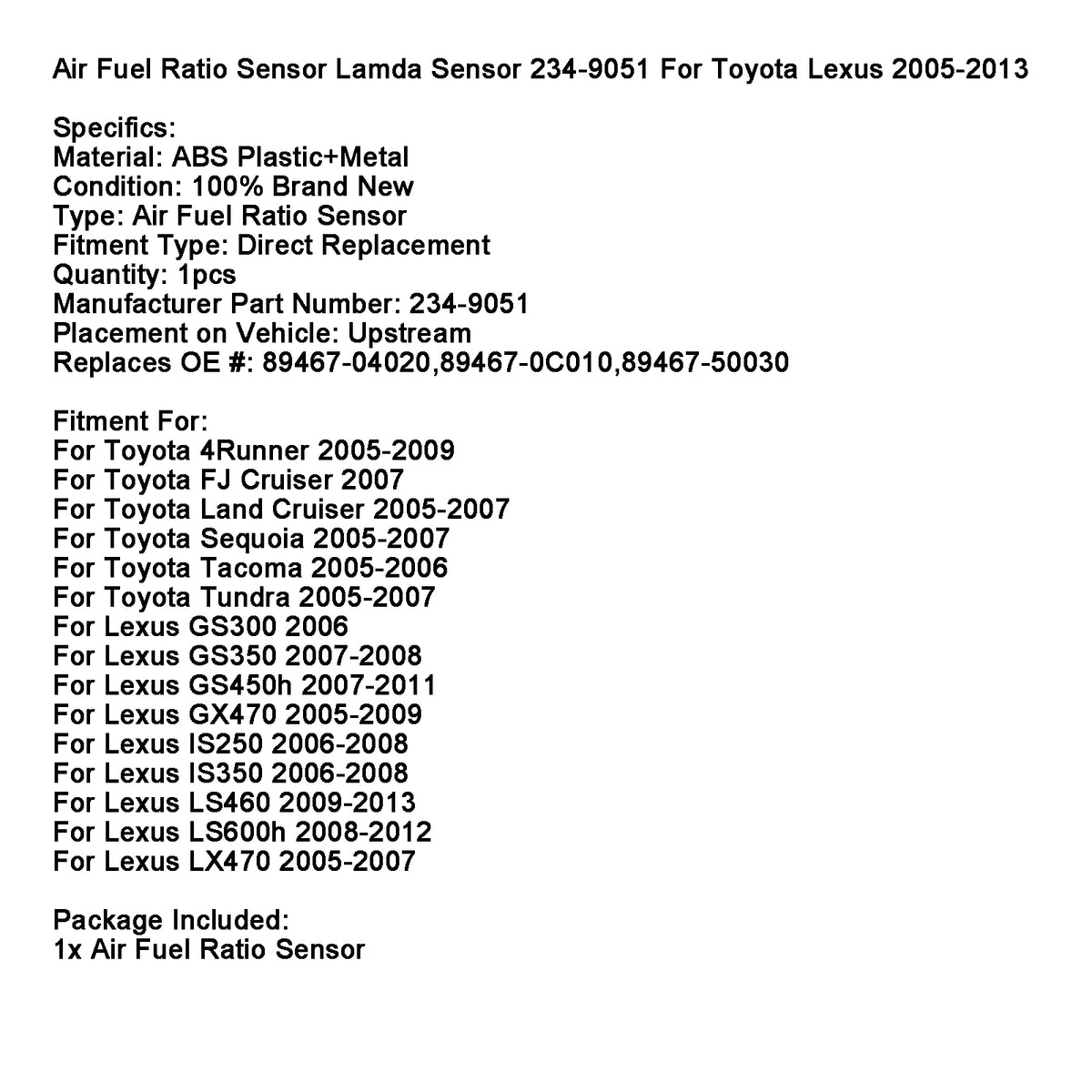 Capteur Rapport Air-Carburant Sonde Lambda 234-9051 Pour Toyota Lexus 2005-2013