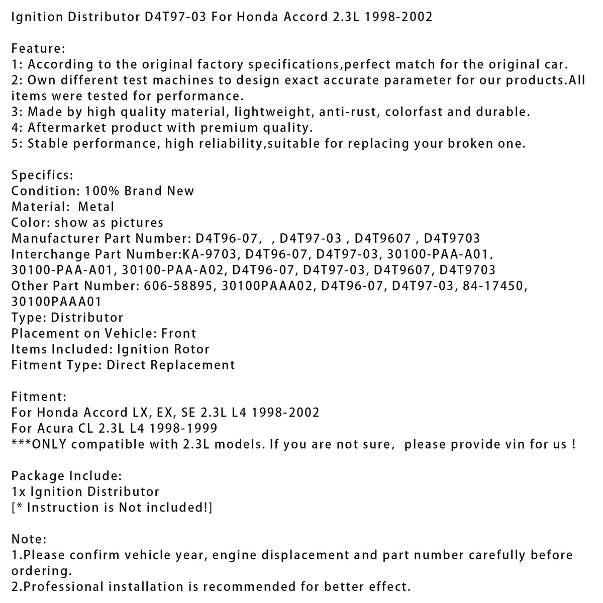 Distribuidor de encendido D4T97-03 para Honda Accord 2.3L 1998-2002