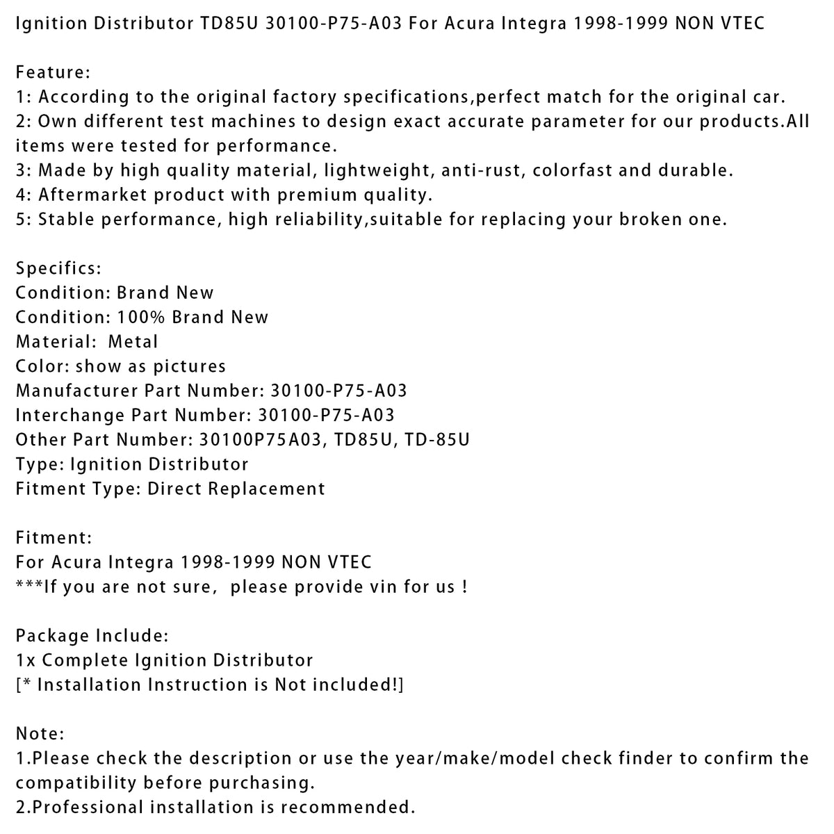 Distributore di accensione TD85U 30100-P75-A03 Per Acura Integra 98-1999 NON VTEC