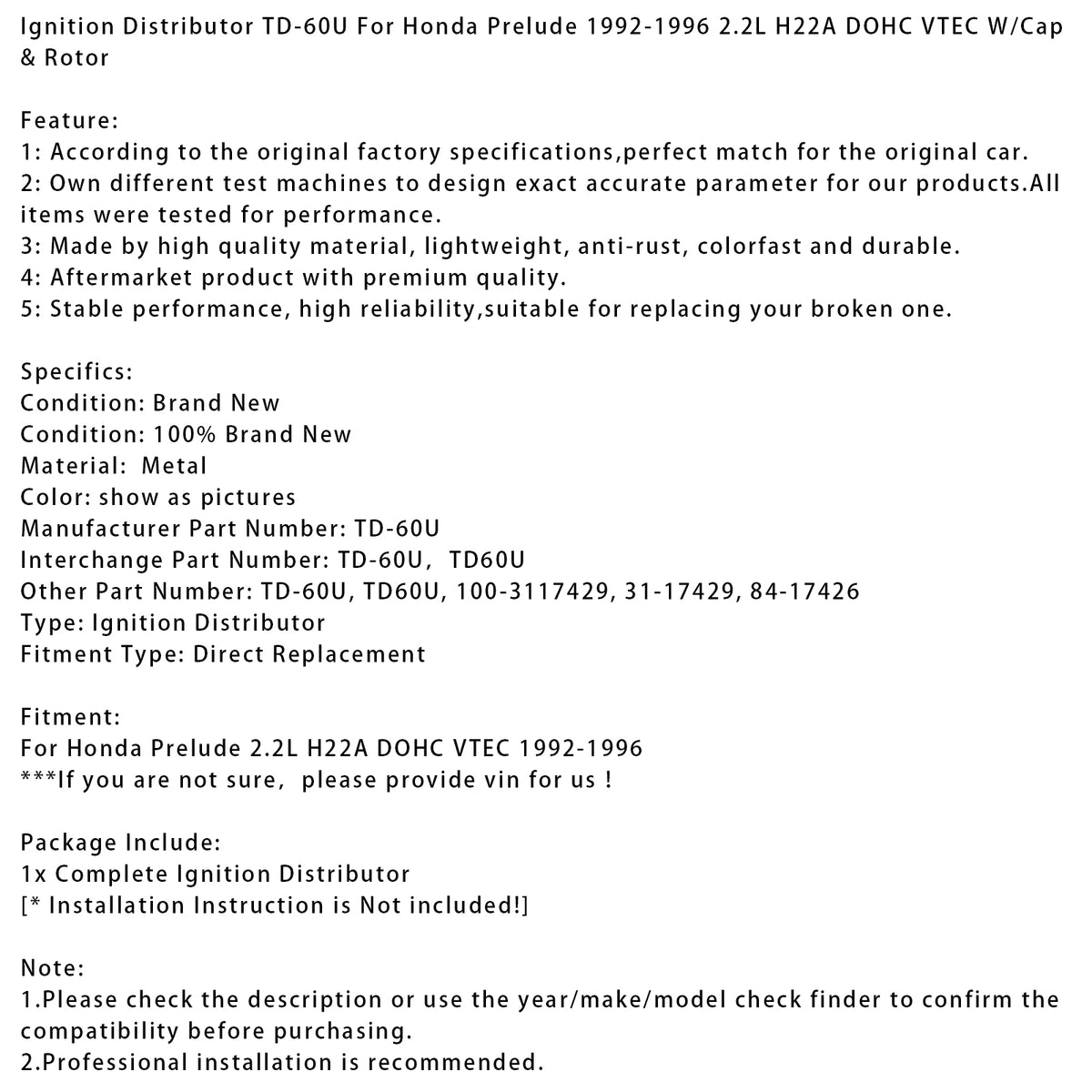 Distributore di accensione TD-60U per Honda Prelude 1992-1996 2.2L H22A VTEC