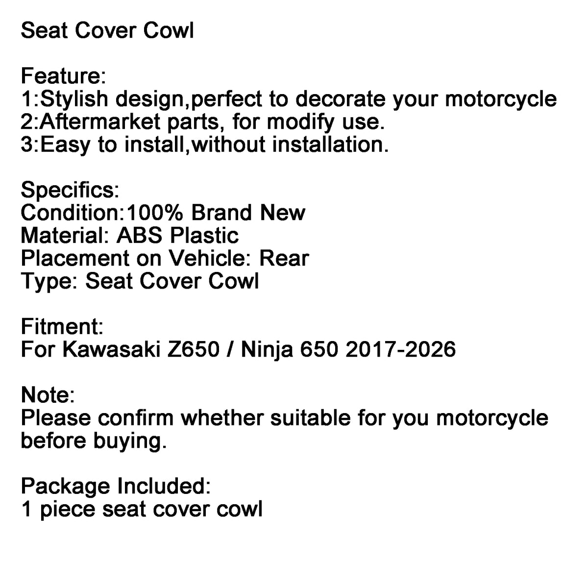 Cubierta trasera para Kawasaki Z650 Ninja 650 ER6F 2017-2026