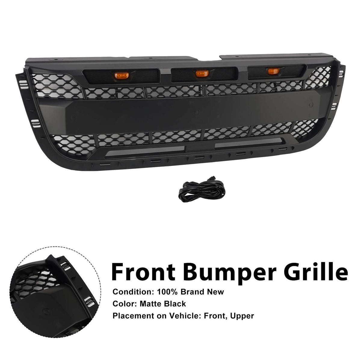 Matt Black Front Bumper Grill Grille Pour Ford Ranger 2001-2003 With LED Light