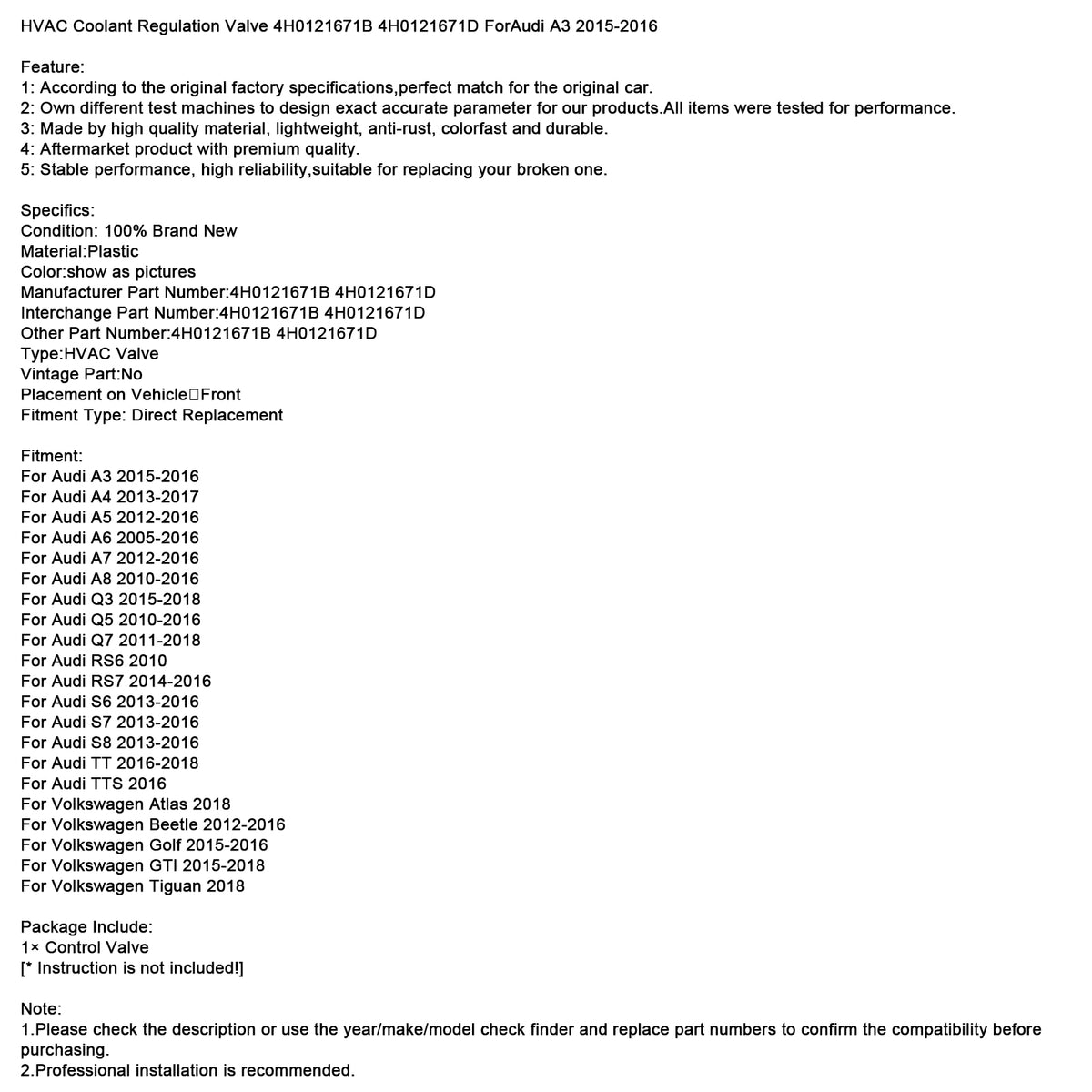 Valvola di regolazione del liquido di raffreddamento HVAC 4H0121671B per Audi A3 2015-2016