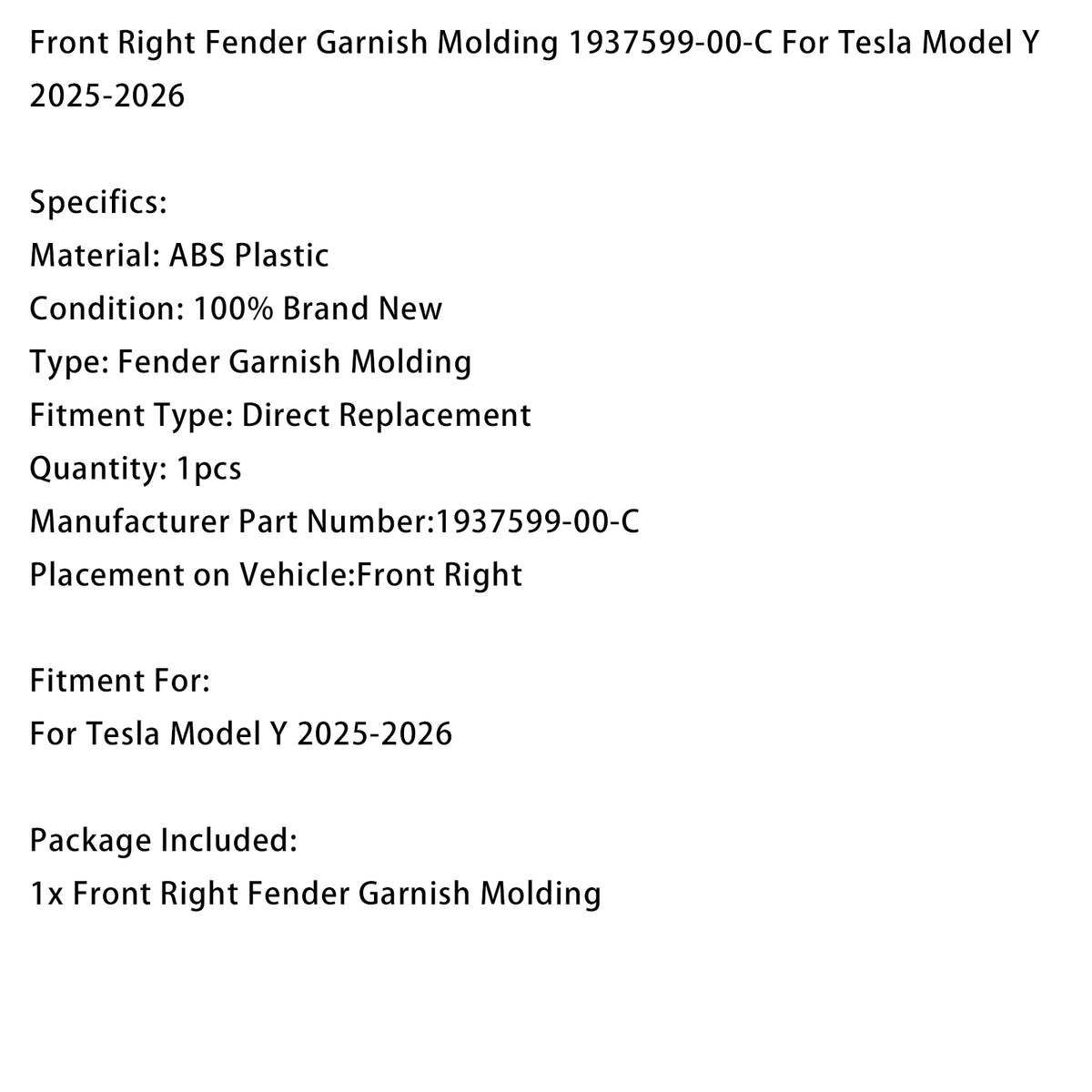 Moulure D’aération Avant Droite 1937599-00-C Pour Tesla Model Y 2025-2026