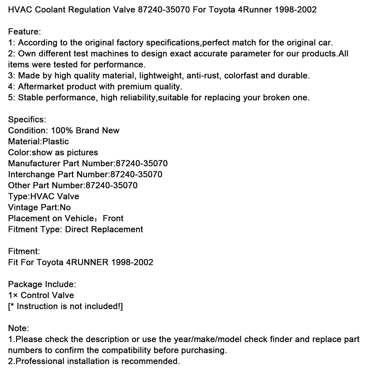 Vanne de Régulation de Liquide Refroidissement HVAC Pour Toyota 4Runner 98-02