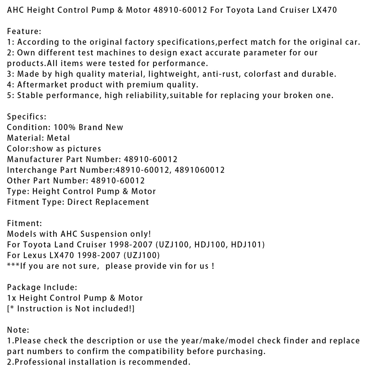 Višinska črpalka in motor AHC 48910-60012 za Toyota Land Cruiser LX470