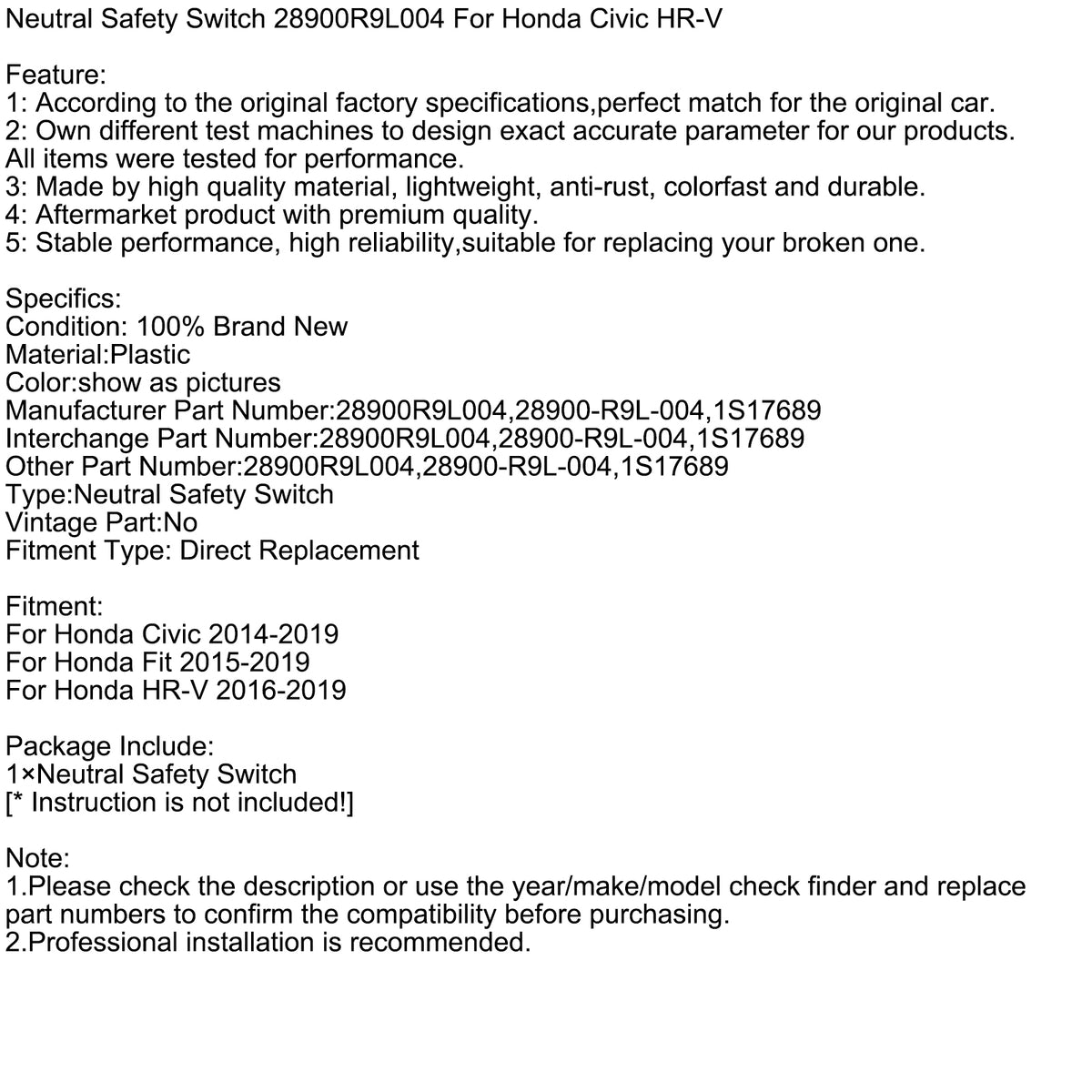 Interruptor neutro de seguridad 28900R9L004 para Honda Civic HR-V