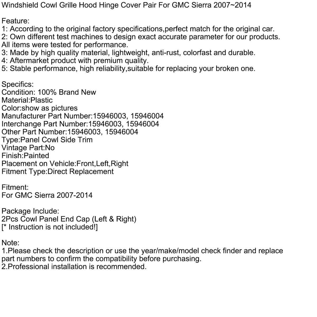 Coppia di griglia del parabrezza della copertura della cerniera del cofano per GMC Sierra 2007-2014