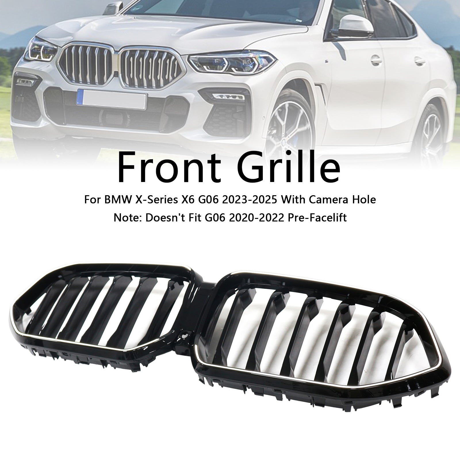 Grille de pare-chocs avant noire pour BMW X6 G06 M60i 2023-2025 avec trou pour caméra