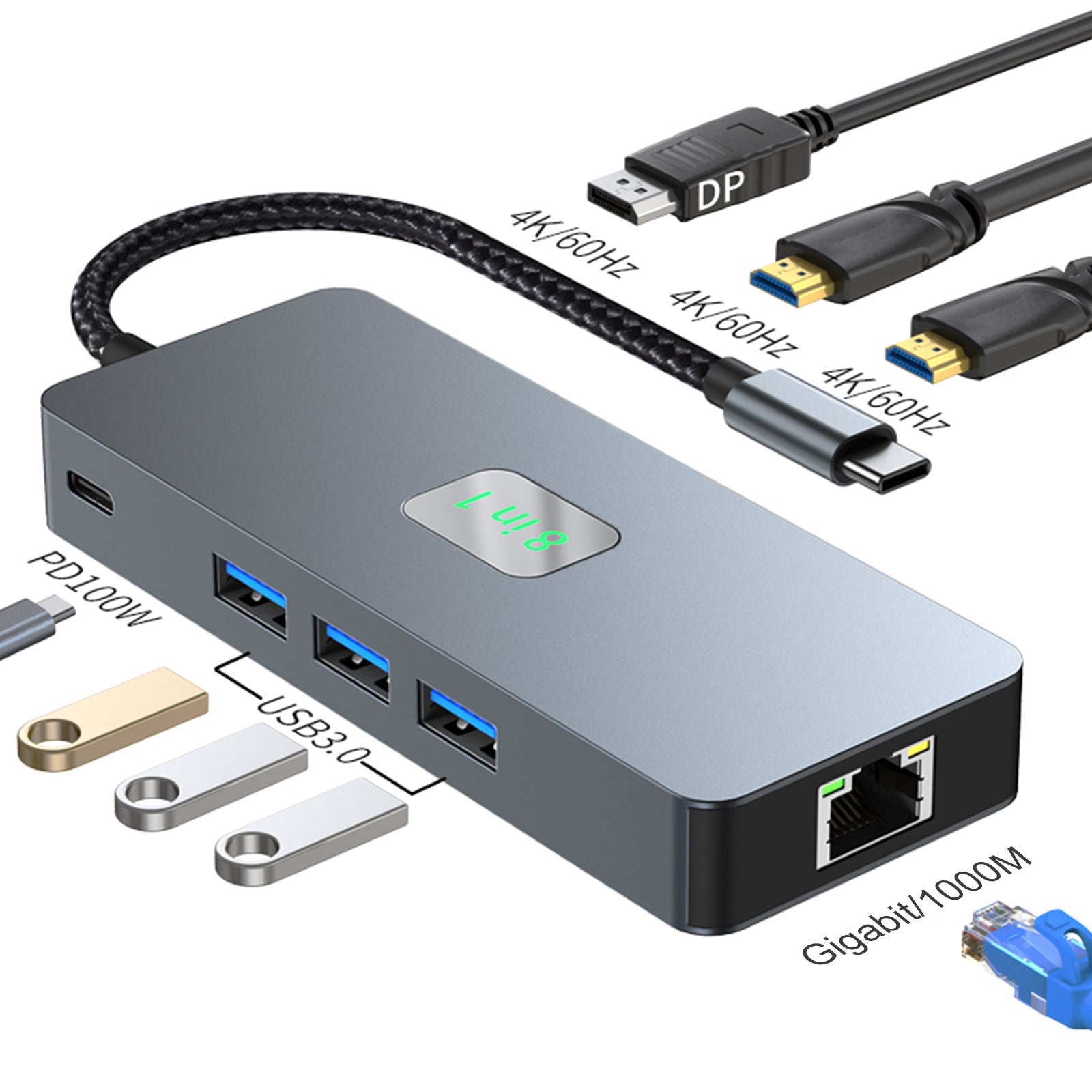 Adaptador de concentrador de interfaz 8 en 1 TYPE-C a RJ45 Gigabit USB 3.0 HDMI DP PD100W