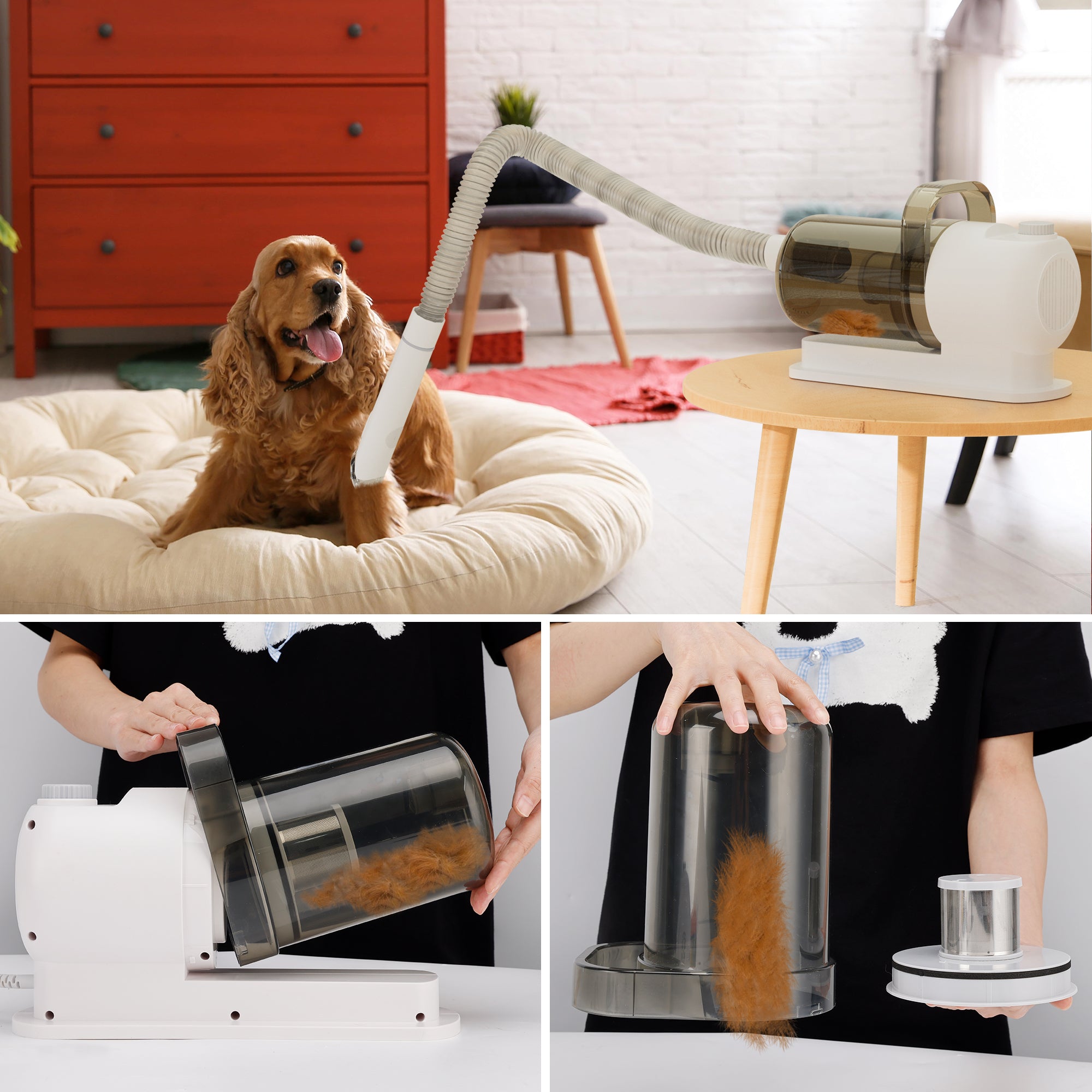Zestaw do pielęgnacji 5 w 1 ze zintegrowanym odkurzaczem - Maszynka do strzyżenia zapobiegająca kłaczeniu i szczotką z przyssawką dla psów i kotów - Zbiornik 1,5 l