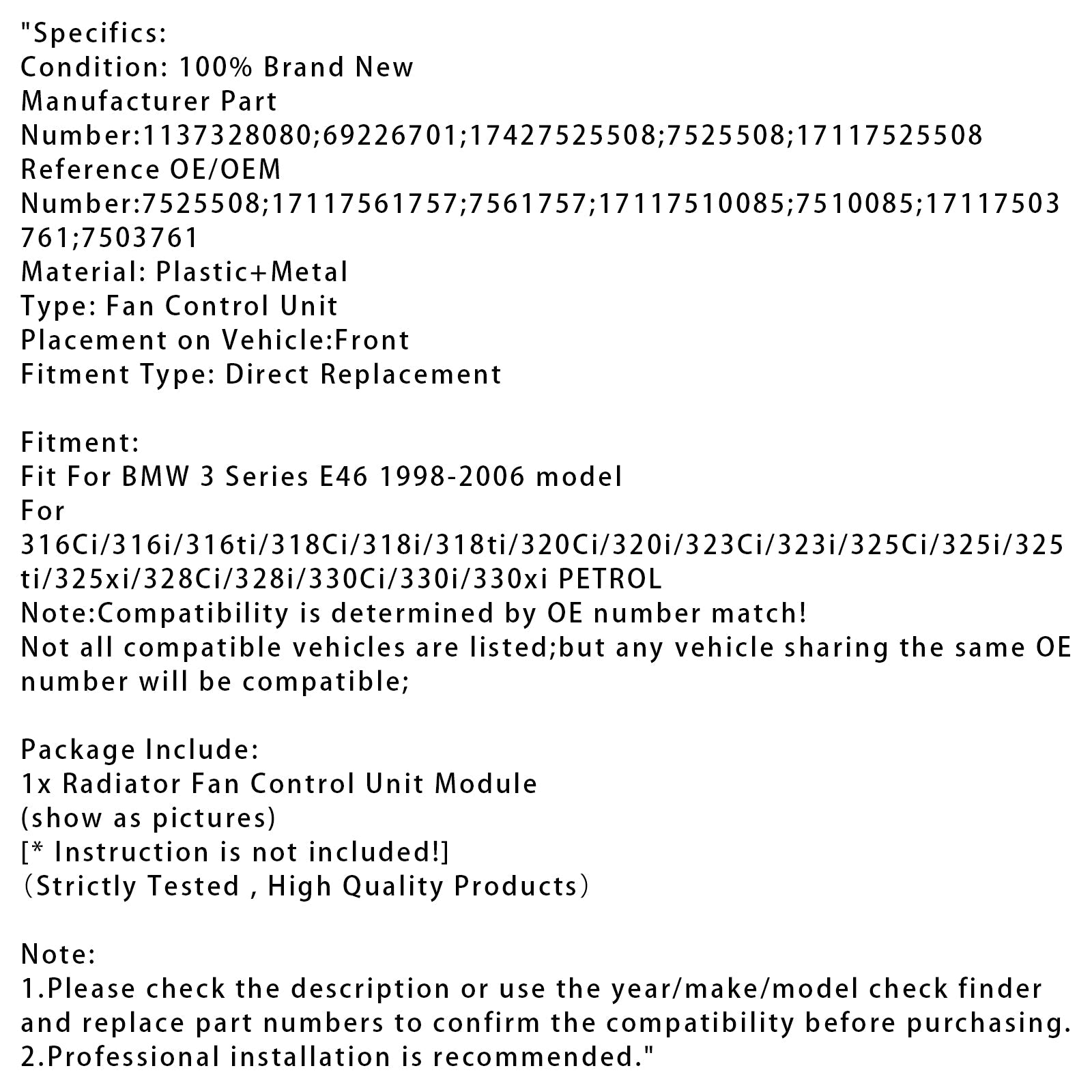 Módulo de control del ventilador del radiador 1137328080 para BMW Serie 3 E46 1998-2006