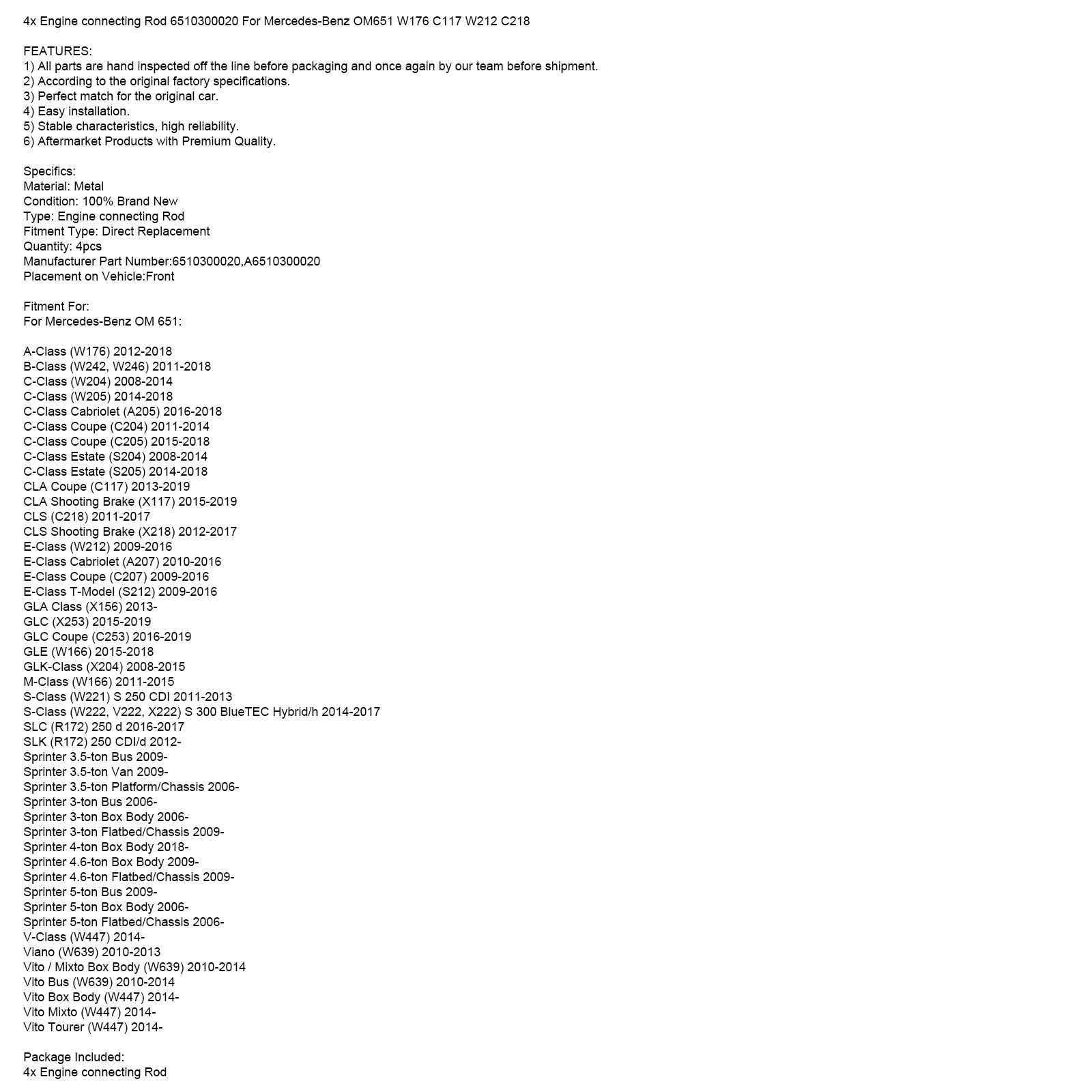 4x Bielle motore 6510300020 per Mercedes OM651 W176 C117 W212 C218