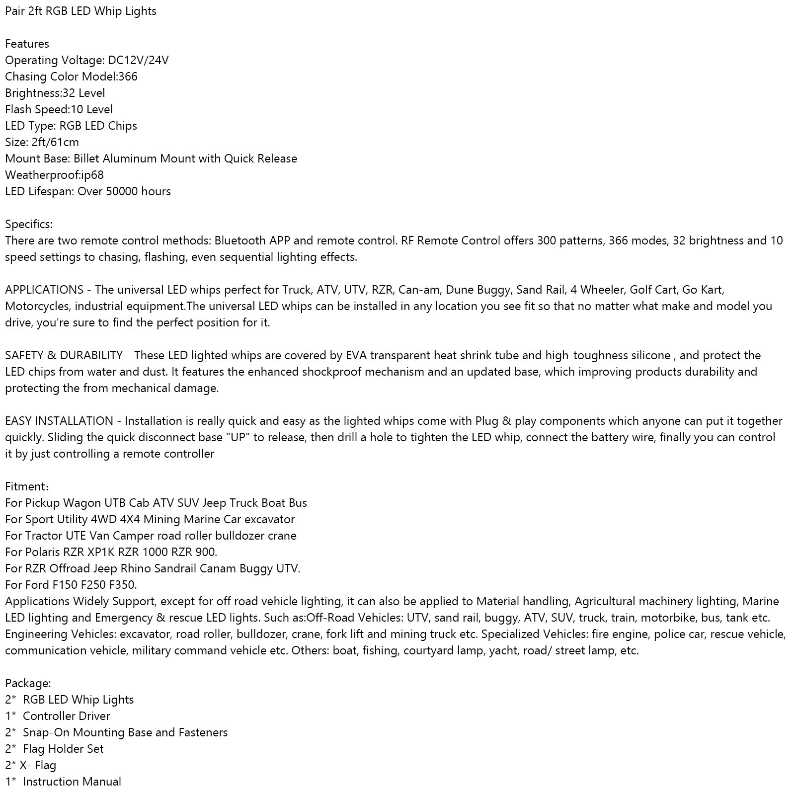 Antenne fouet lumineuse avec application LED RGB pour Polaris UTV ATV avec télécommande drapeau 2x 2 pieds