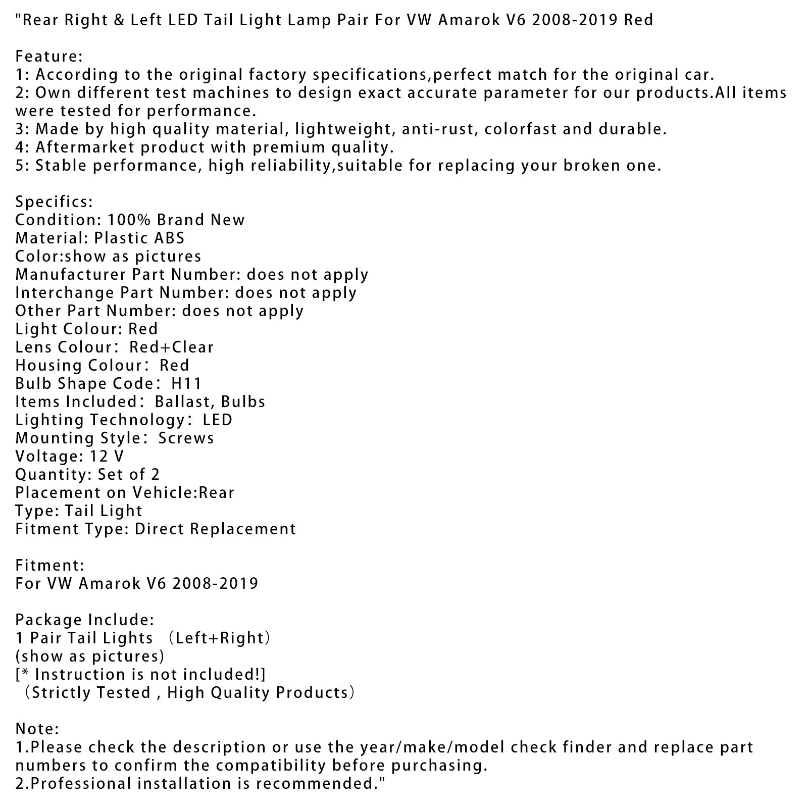 Paire de feux arrière à LED rouges pour VW Amarok V6 2008-2019