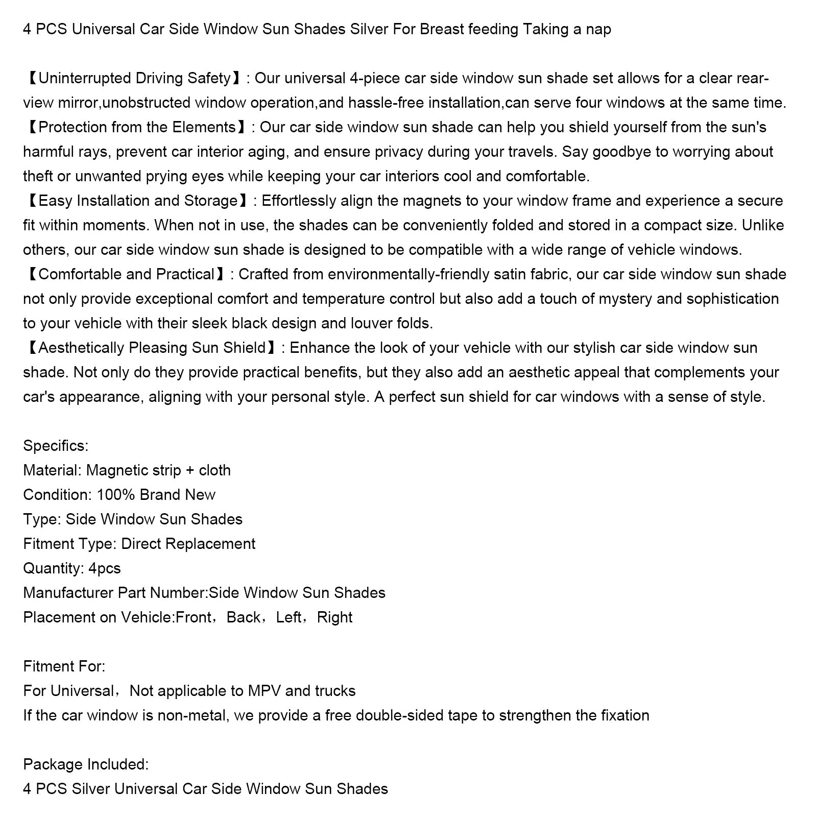 4x Tendine parasole universali per finestrini laterali auto color argento per l&Allattamento al seno e riposino