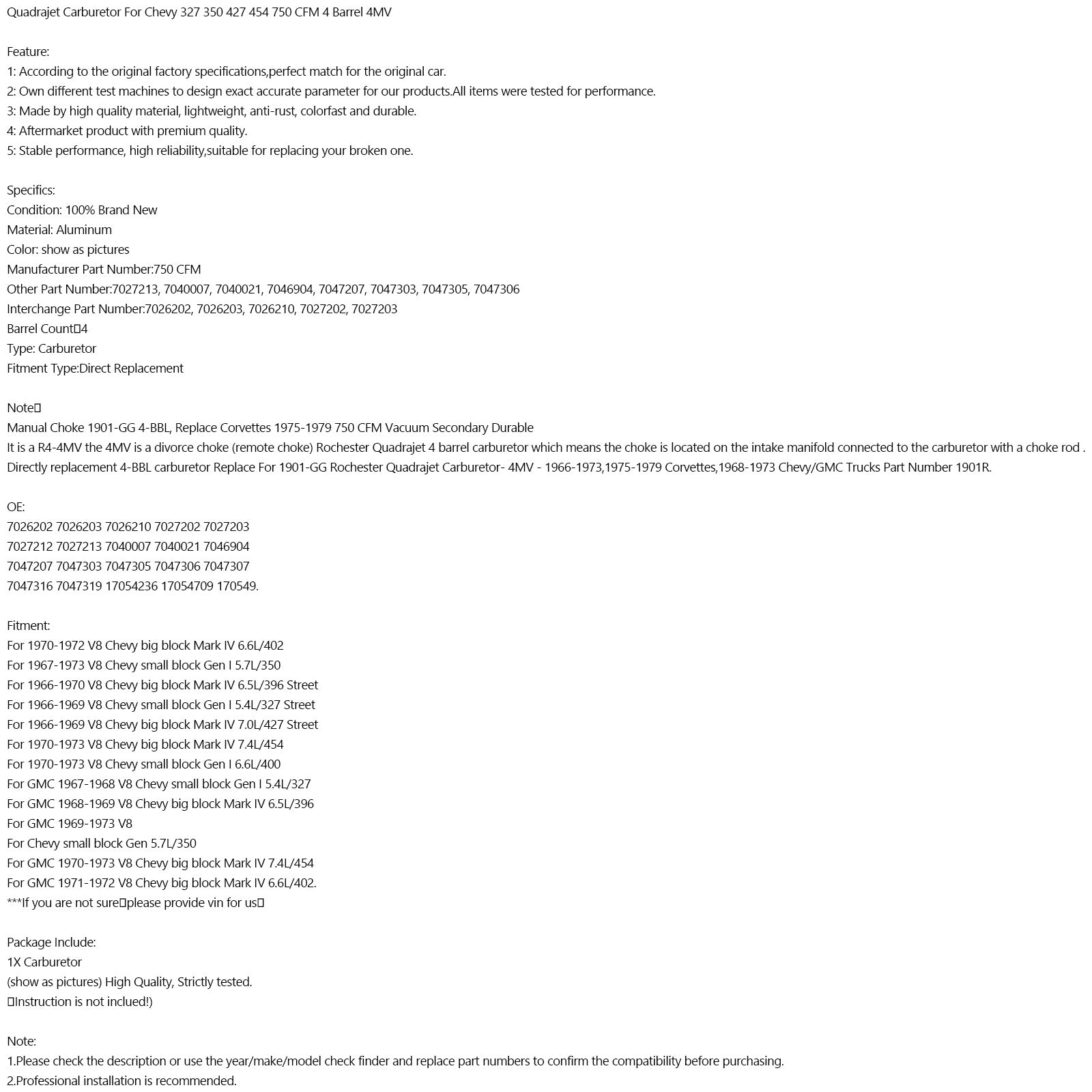 750 CFM 7047306 7047305 Quadjet Pour Chevrolet 327 350 427 454 750 CFM 4MV 4MV 4MV
