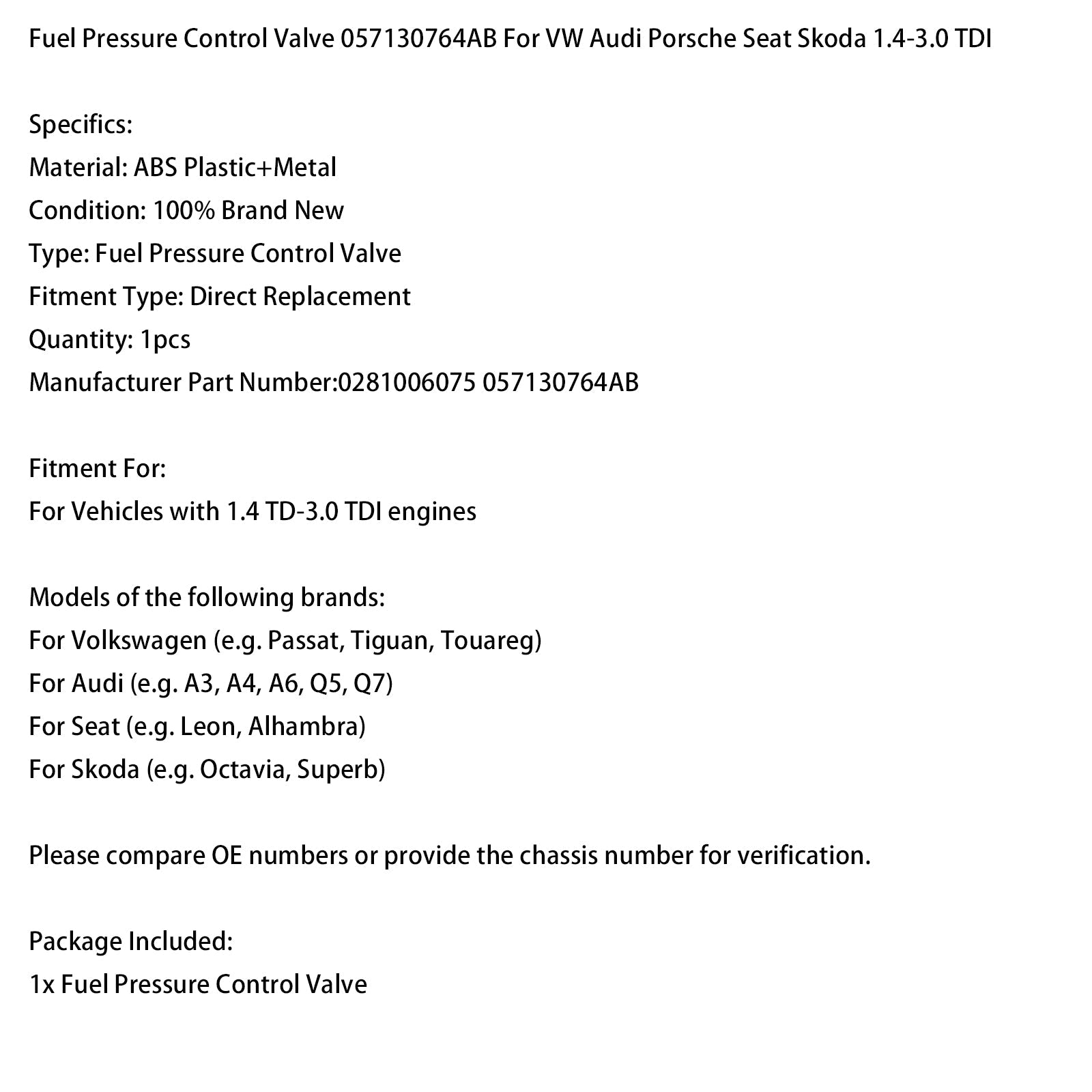 Vanne de régulation de pression de carburant 057130764AB pour VW, Audi, Porsche, Seat et Skoda 1.4-3.0 TDI