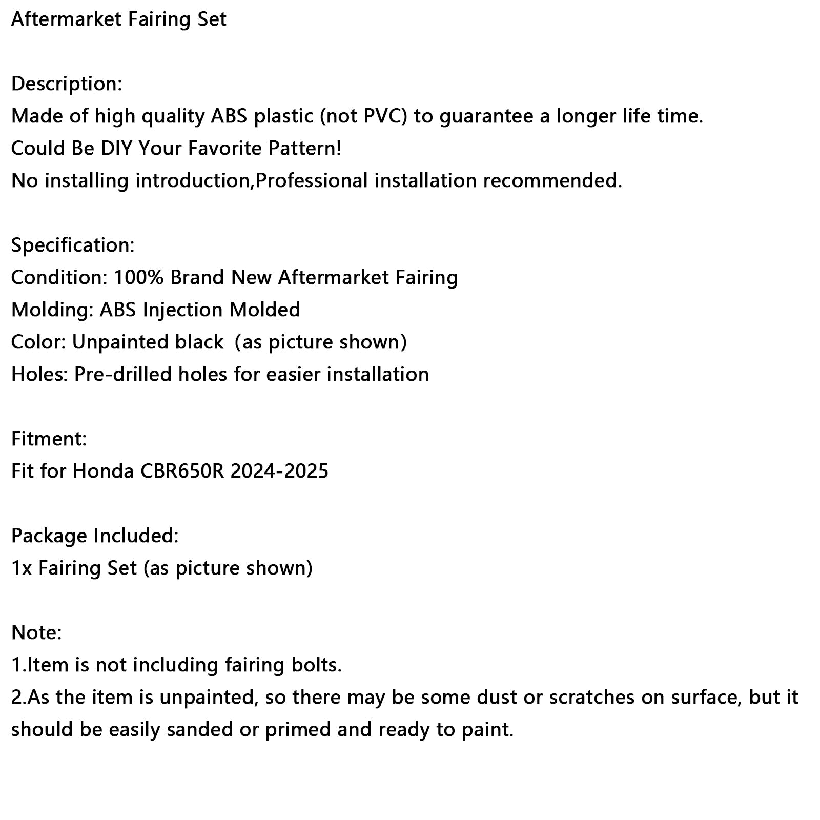 Carénage de carrosserie injection non peint pour Honda CBR650R 2024-2025