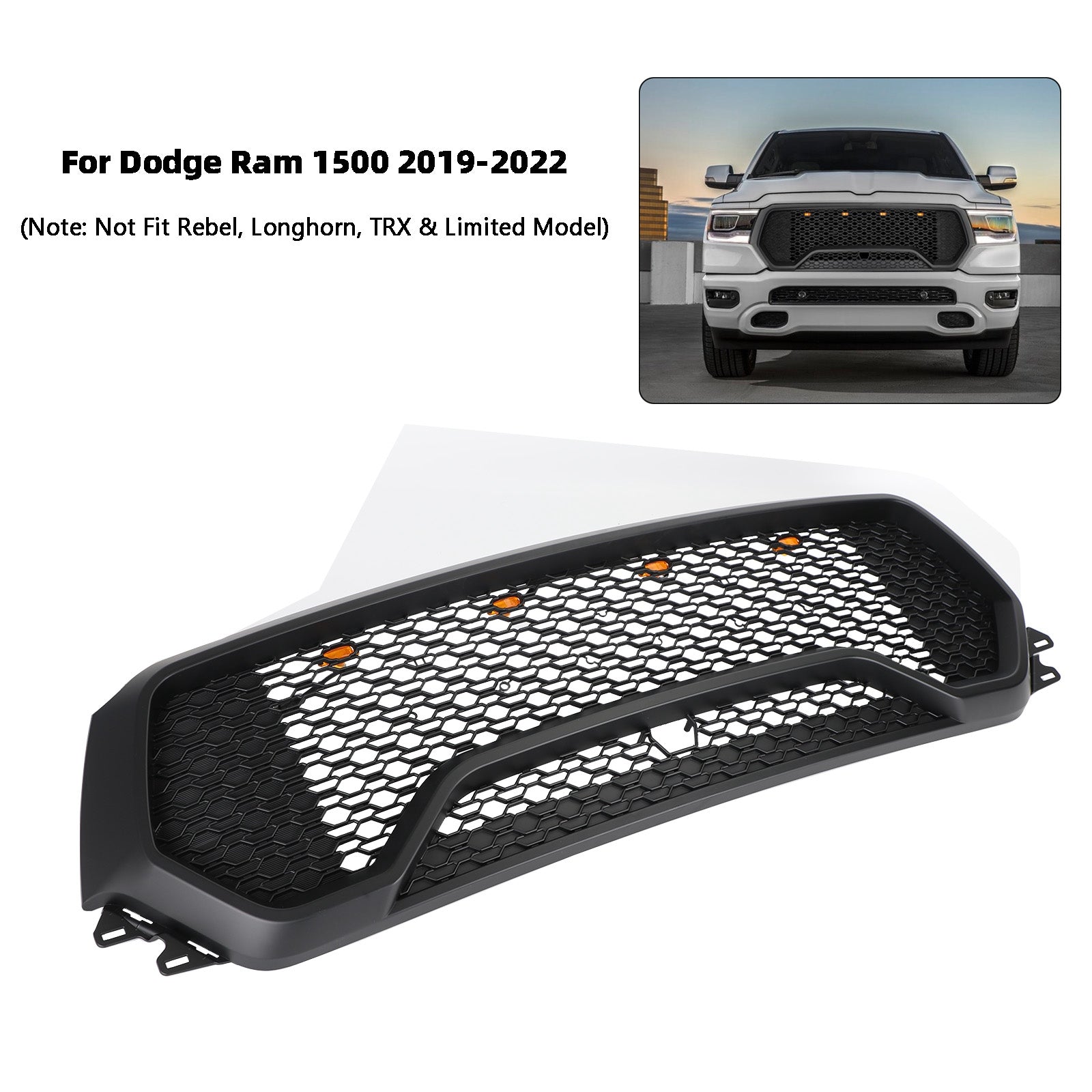 TRX Style LED Honeycomb Front Upper Hood Grille Fit Dodge Ram 1500 2019-2022
