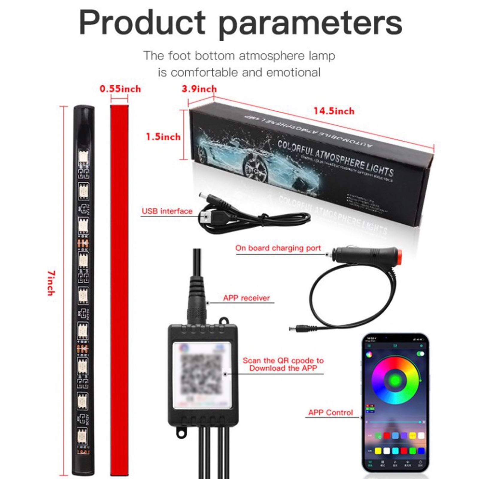 Franja de luz LED RGB para el interior del automóvil, atmósfera del piso, con control remoto y aplicación por aplicación