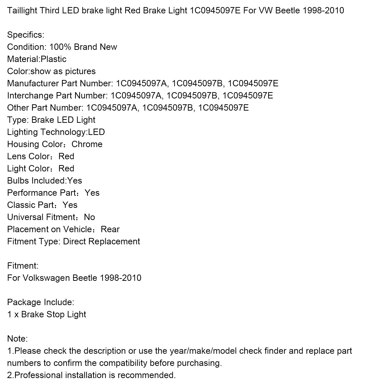 Tylne światło Trzeci zatrzymanie LED LED Red Stop 1C0945097E dla VW Beetle 1998-2010