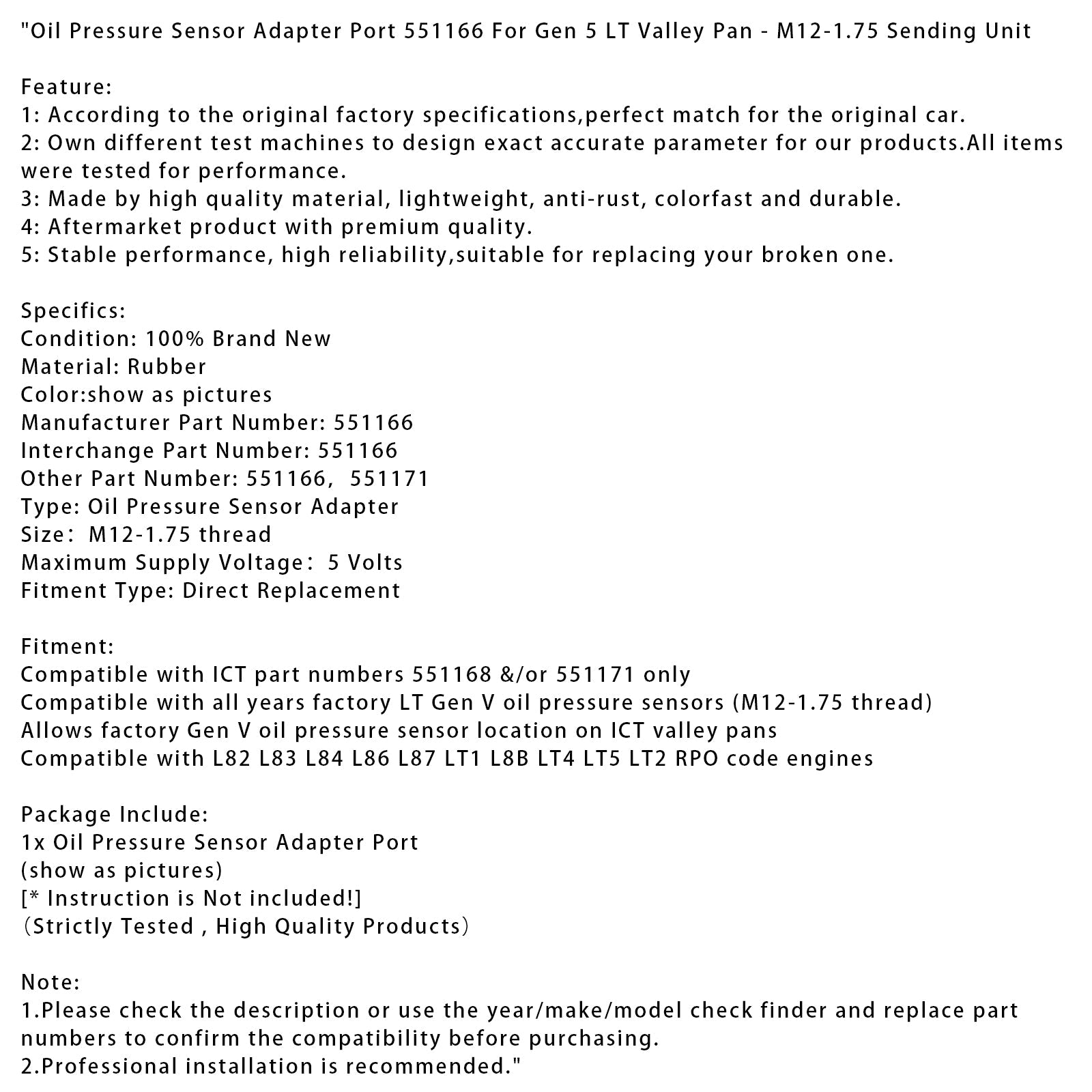 Adaptateur de capteur de pression d'huile 551166 pour carter d'huile Gen 5 LT - M12-1.75