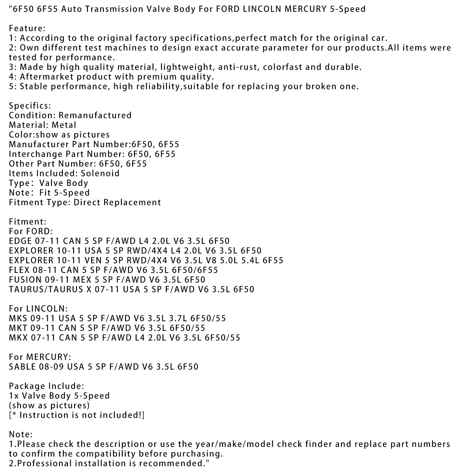 Ford Edge Can 2007-2011 5 SP F/AWD L4 2.0L V6 3.5L 6F50 6F55 Cuerpo de válvula de transmisión automática