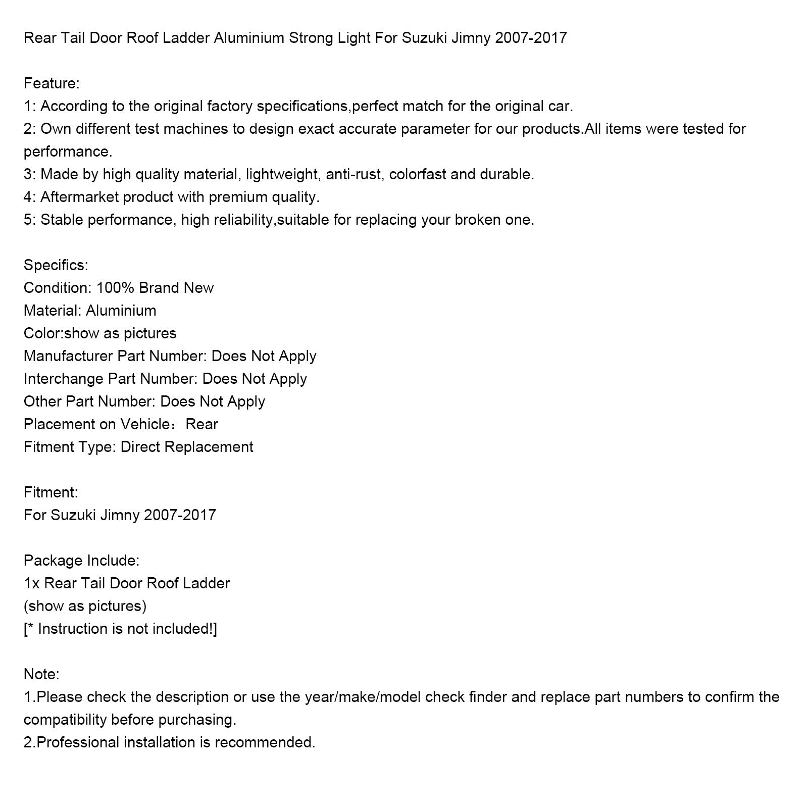 2007-2017 Suzuki Jimny puerta trasera escalera de techo de aluminio luz fuerte