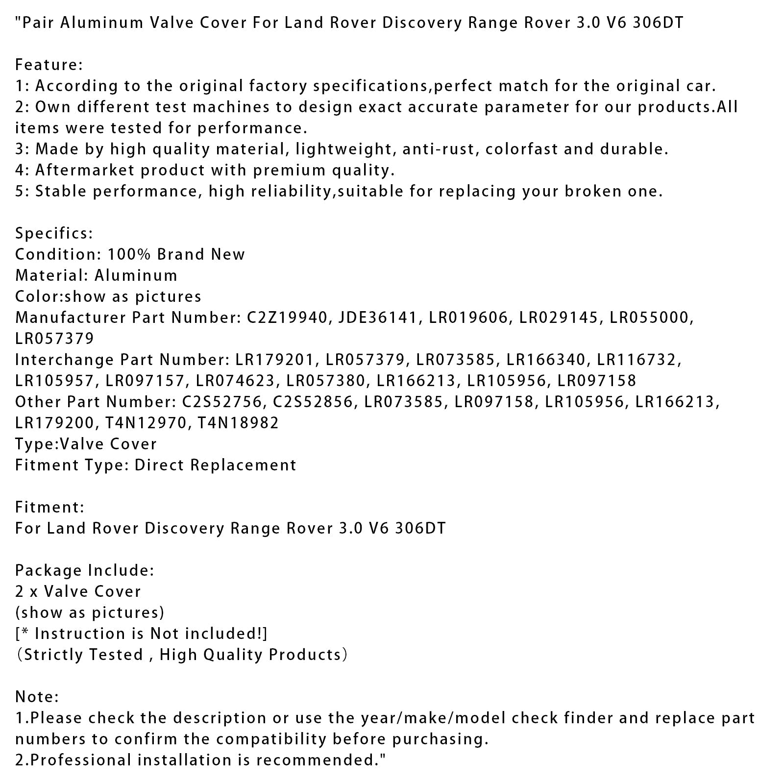 Paire de couvre-culasses en aluminium pour Land Rover Discovery Range Rover 3.0 V6 306DT