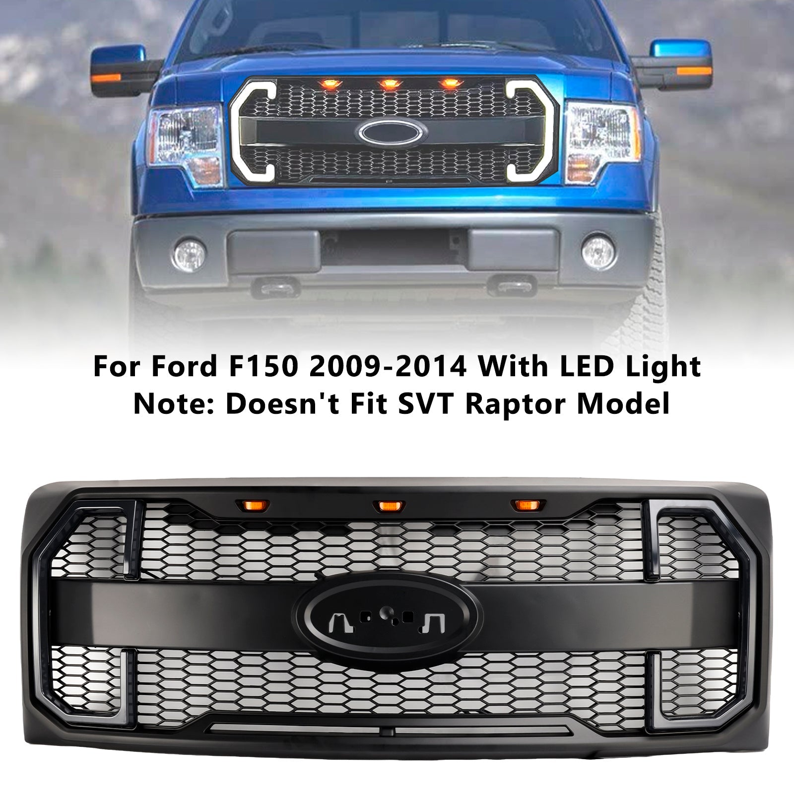 Grille de Bumper Front Style Raptor Mat Raptor con LED per Ford F150 2009-2014