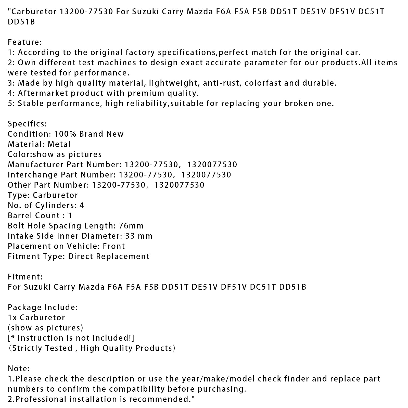 Carburatore Suzuki Carry Mazda F6A F5A F5B DD51T DE 51V DF51V 13200-77530