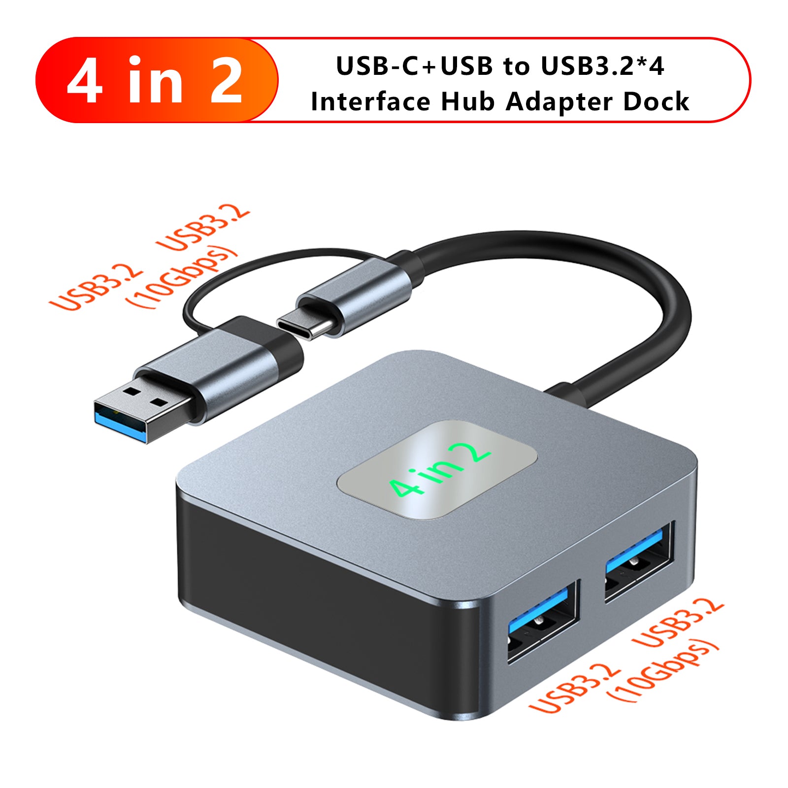 4 in 2 Type-C + USB naar USB3.2*4 Interface Hub-adapter voor MacBook iPad 15