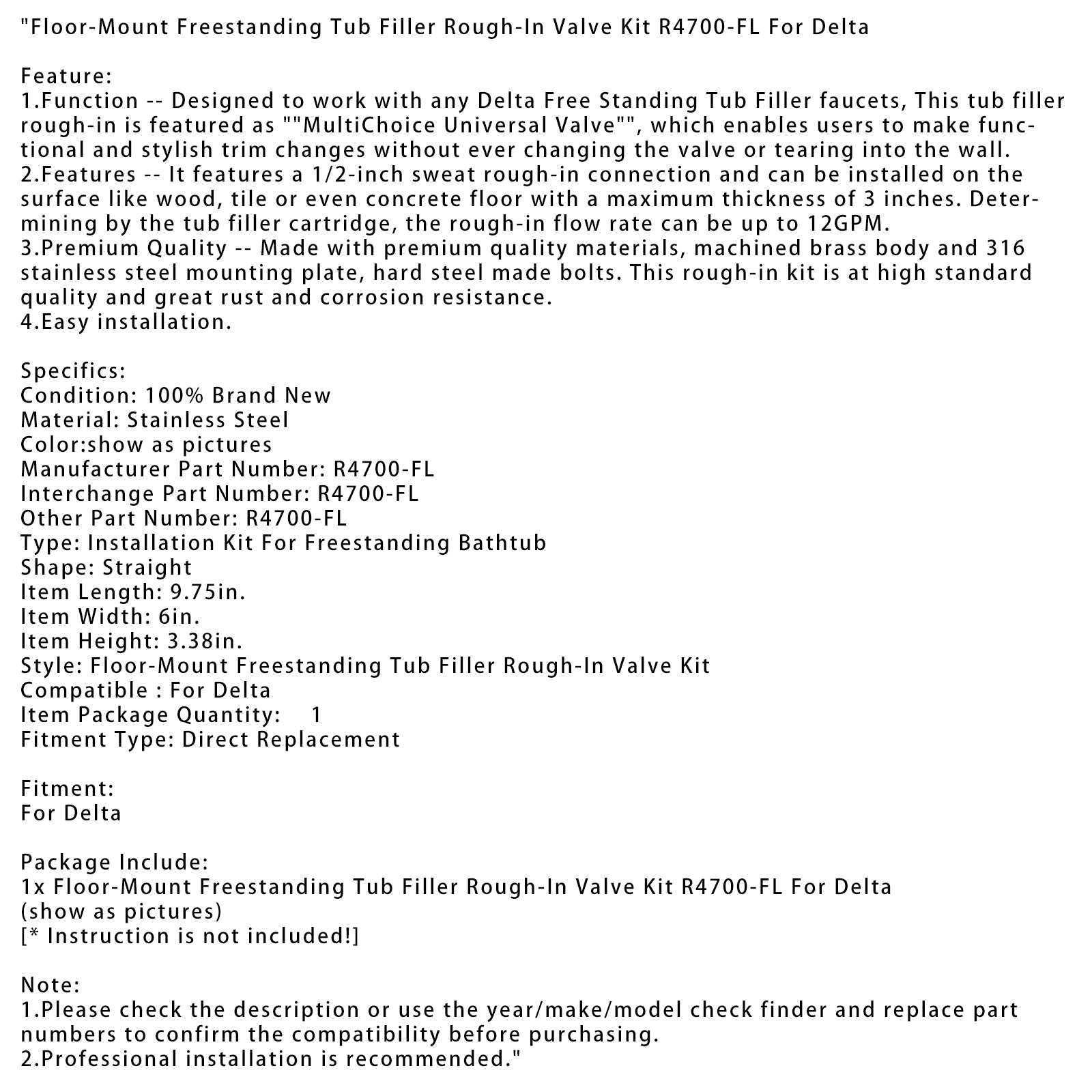 R4700-FL Zestaw wolnostojącej baterii do napełniania wanny do montażu podłogowego dla Delta