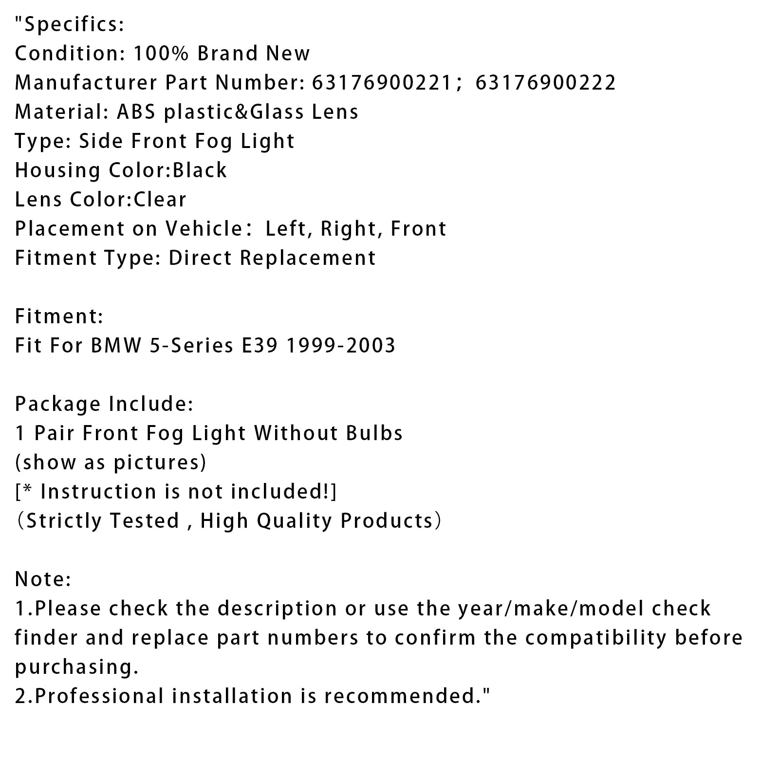 Pari etuvaloja ilman lamppuja BMW 5 -sarjan E39 1999-2003