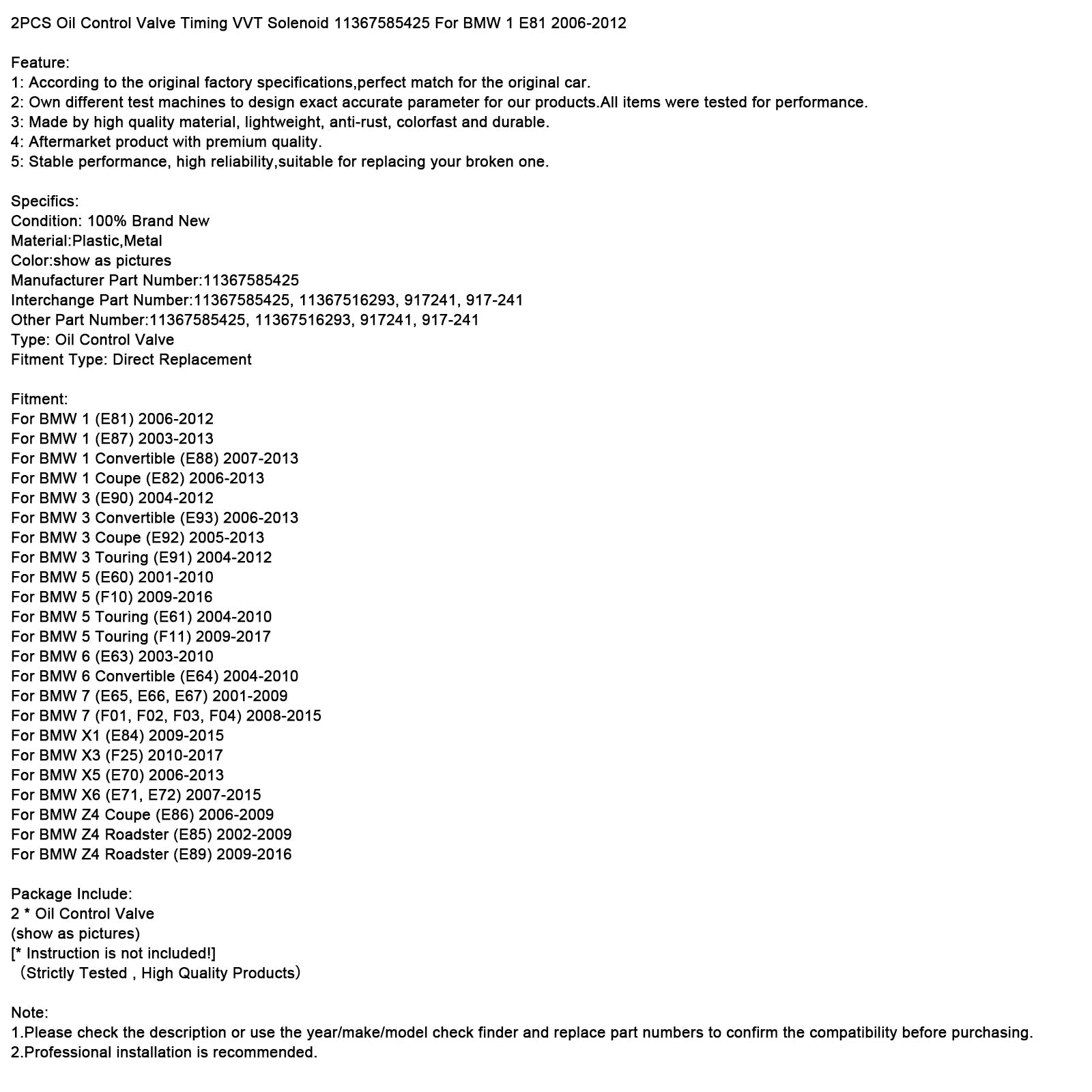 Juego de 2 solenoides de control'Aceite VVT 11367585425 para BMW 1 E81 2006-2012