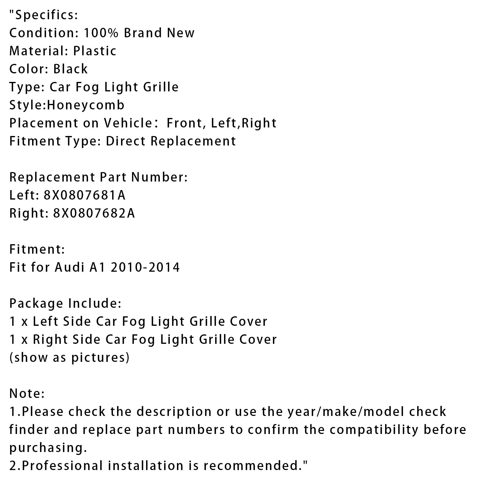 Black Honeycomb Fog Protective Grid voor Audi A1 2010-2014 Front Bumper