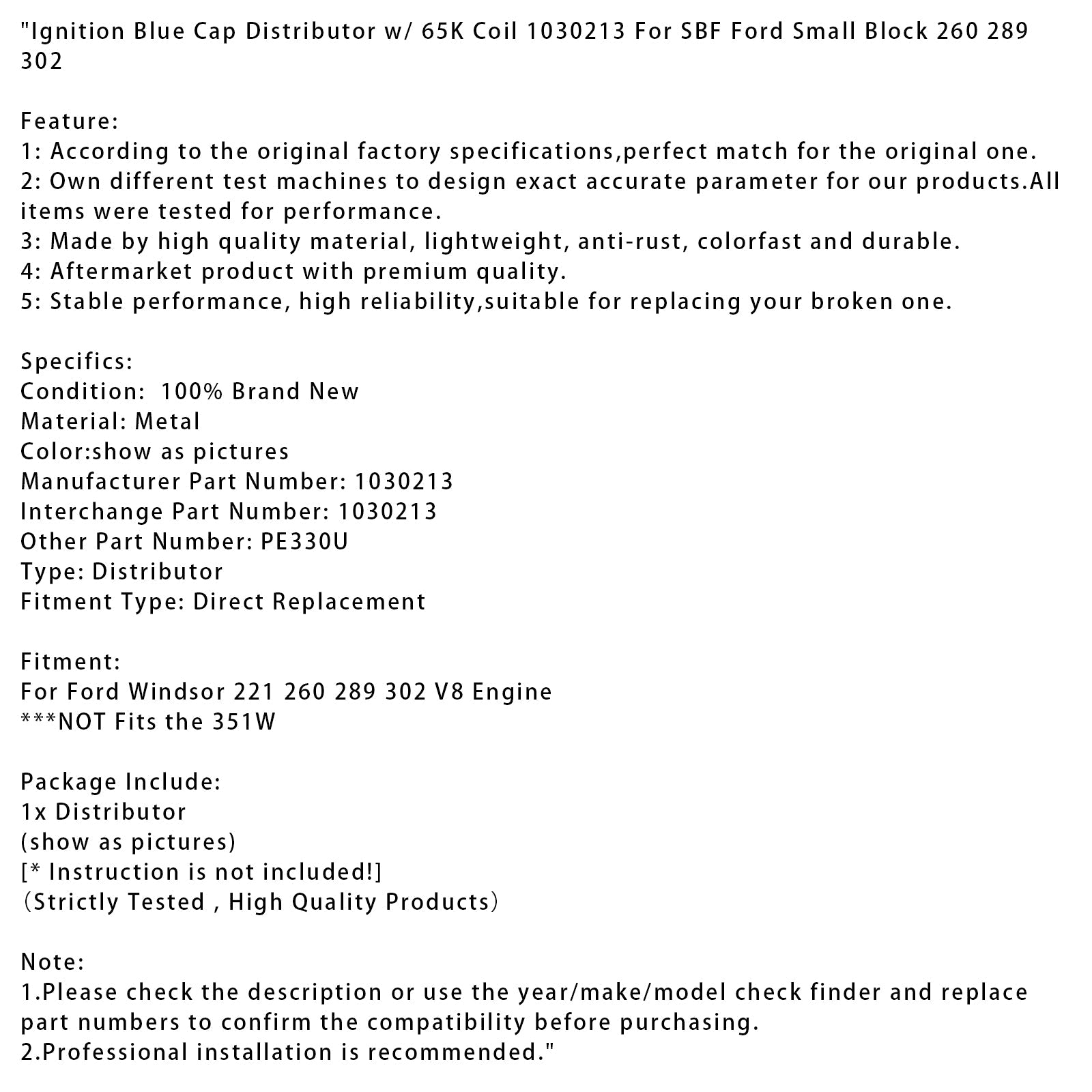 Distributore di'Bobina di accensione con tappo blu per motore Ford Windsor 221 260 289 302 V8 con bobina da 65 000 giri/min 1030213