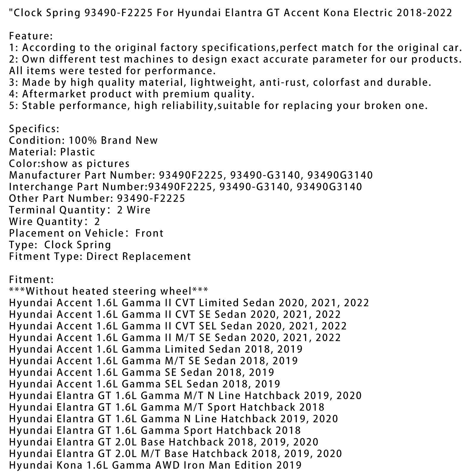 Klokveer 93490-F22225 voor Hyundai Elantra GT Accent Kona Electric 2018-202222