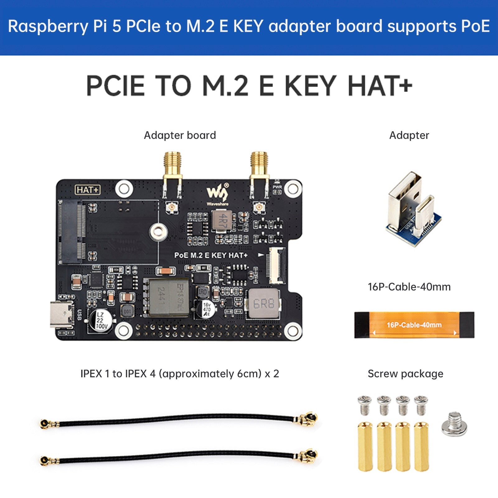 Adapterkaart d'PoE Ethernet-voeding voor Raspberry Pi 5 PCIe naar M.2 E-sleutel