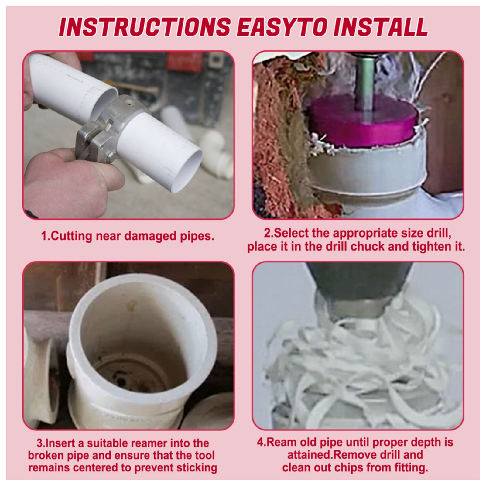 Kit de Alésoirs pour Tuyaux PVC 4 Pièces - Outil de Réparation d'Emboîtures SCH pour Perceuses 1/2"