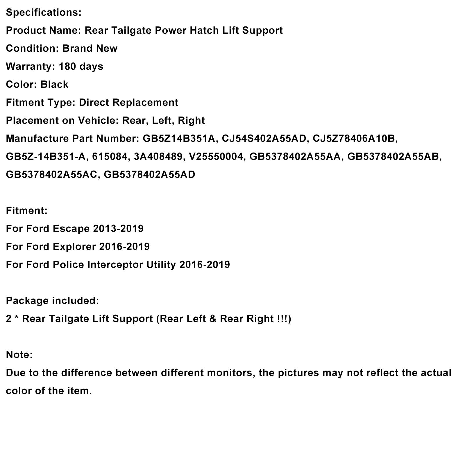 Vérin de hayon arrière électrique (2 pièces) pour Ford Explorer, Escape, Police, Interceptor et Utility (2016-2019) - Référence GB5Z14B351A