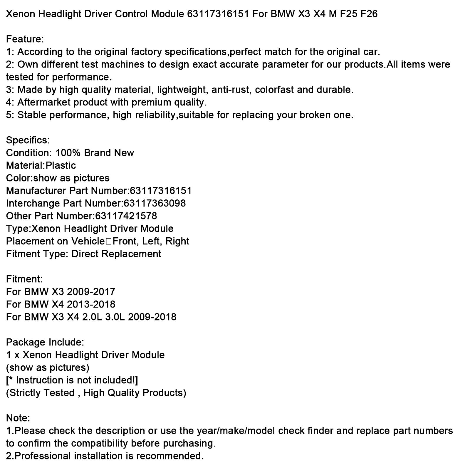 Xenon ajovalojen ohjausmoduuli 63117316151 BMW X3 X4 M F25 F26