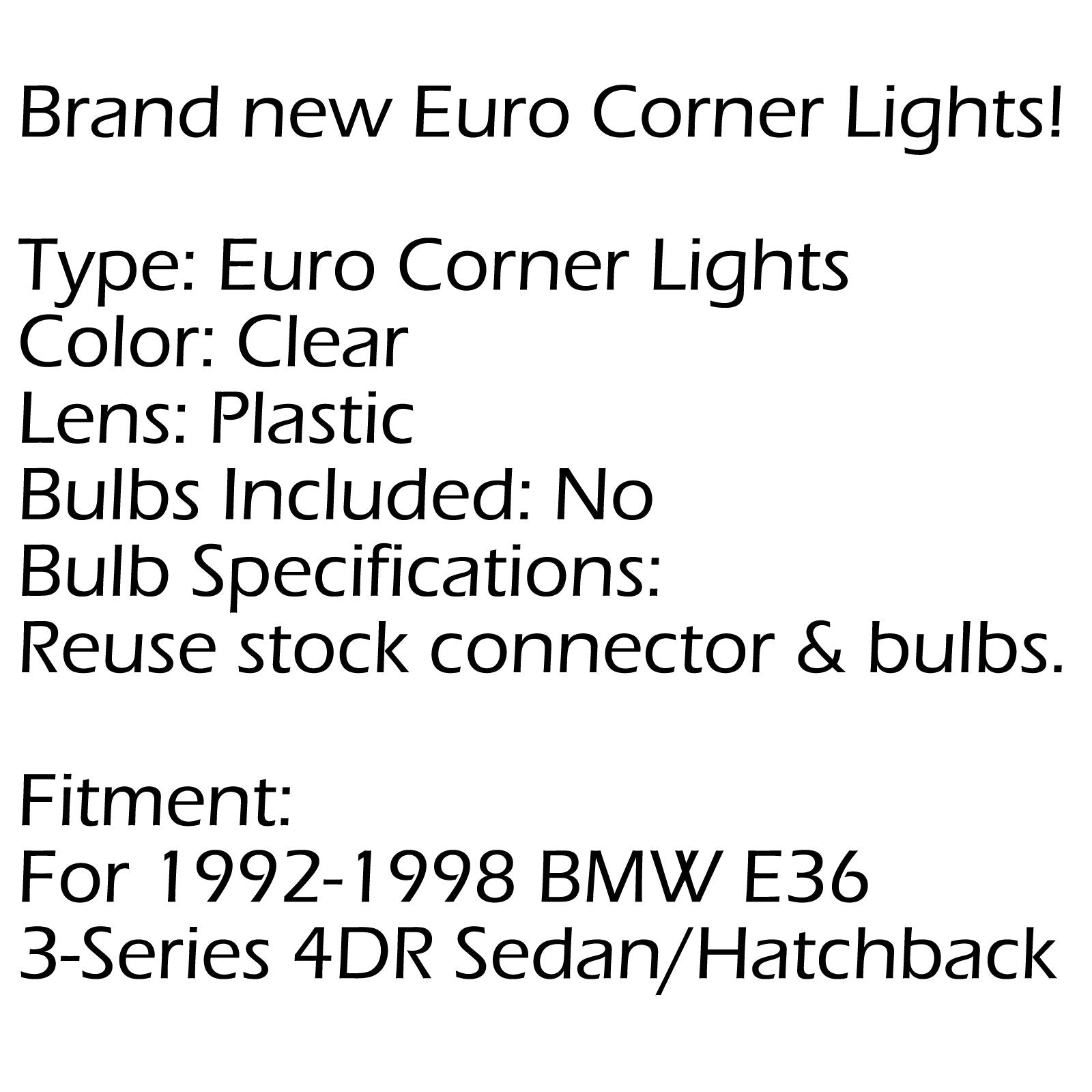 Corner Lights Pour Bmw E36 3-Series 4Dr Sedan/Hatchback 1992-1998 White