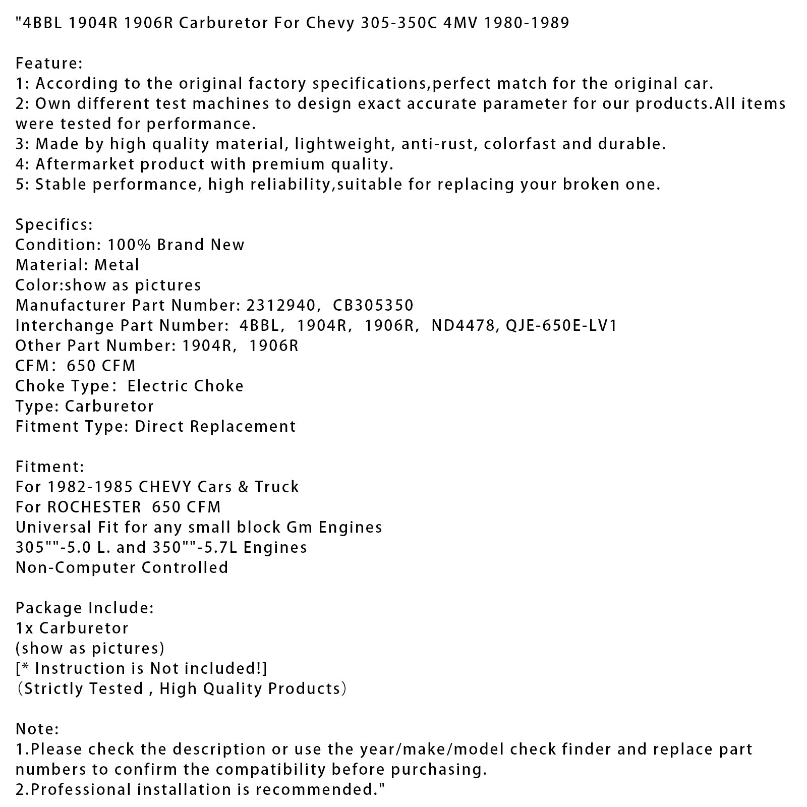 Carburador ROCHESTER 650 CFM 4BBL 1904R 1906R