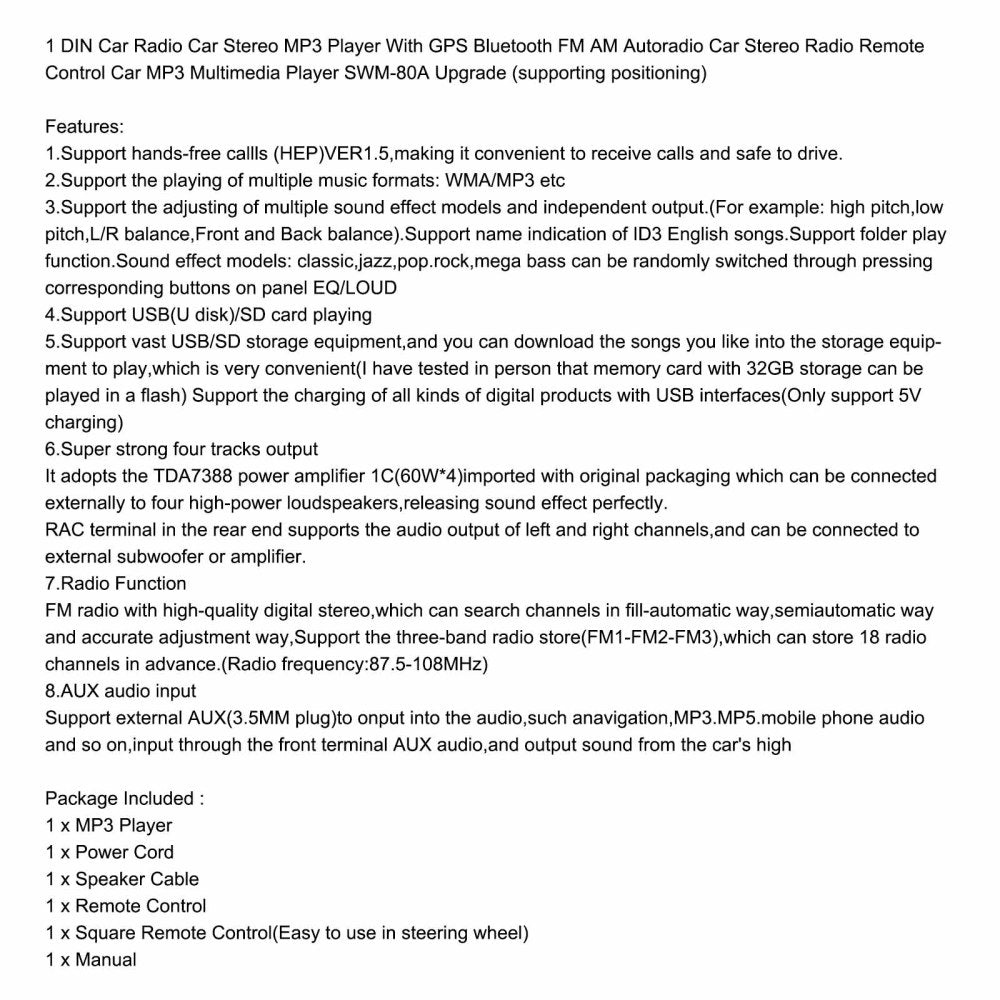 1 DIN HD Autoradio Bluetooth Autostereo MP3-soitin USB SD AUX-IN GPS FM AM