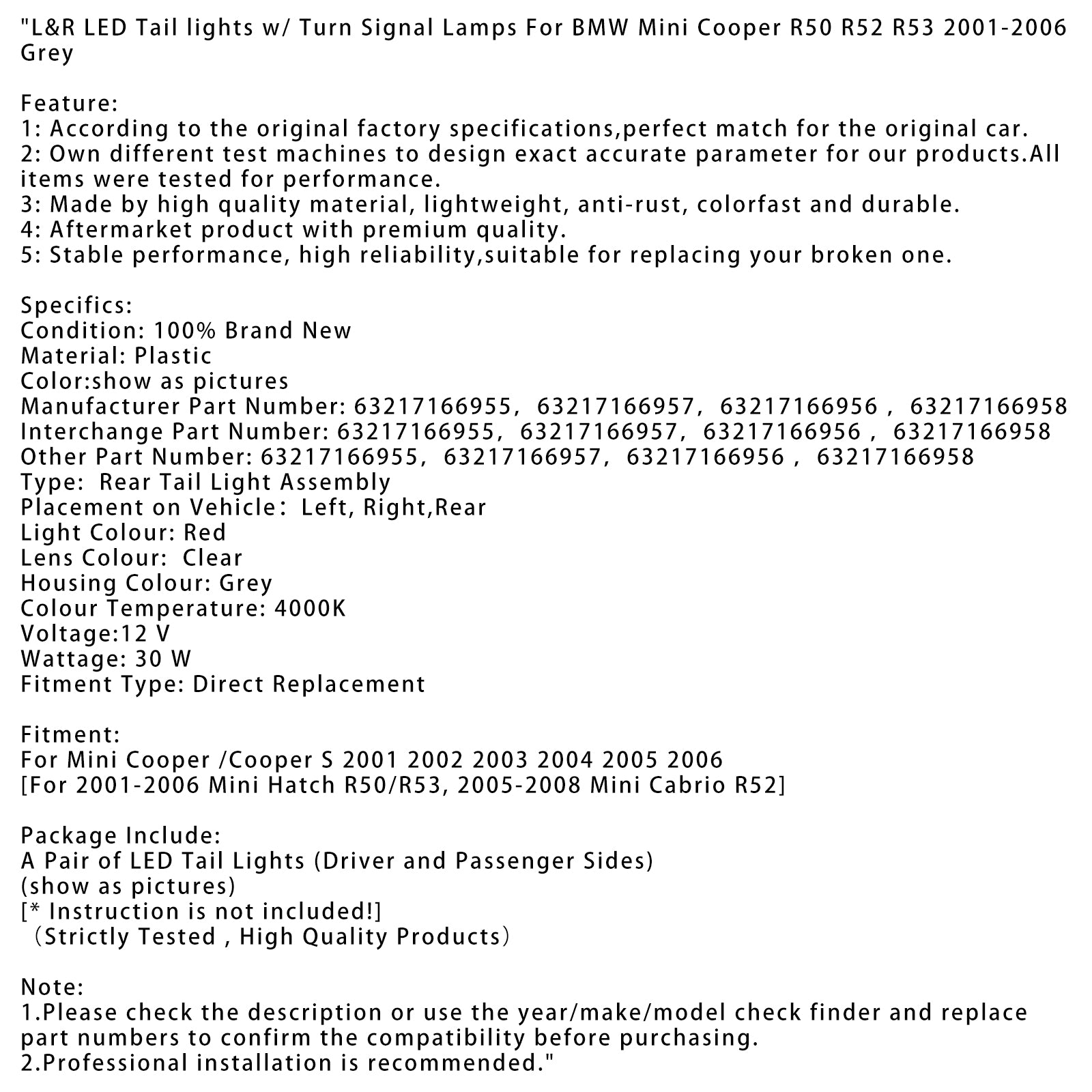 LED zadnje luči z indikatorji za BMW Mini Cooper R52 R53 G&D 2001 2002 2003 2004 2005 2006